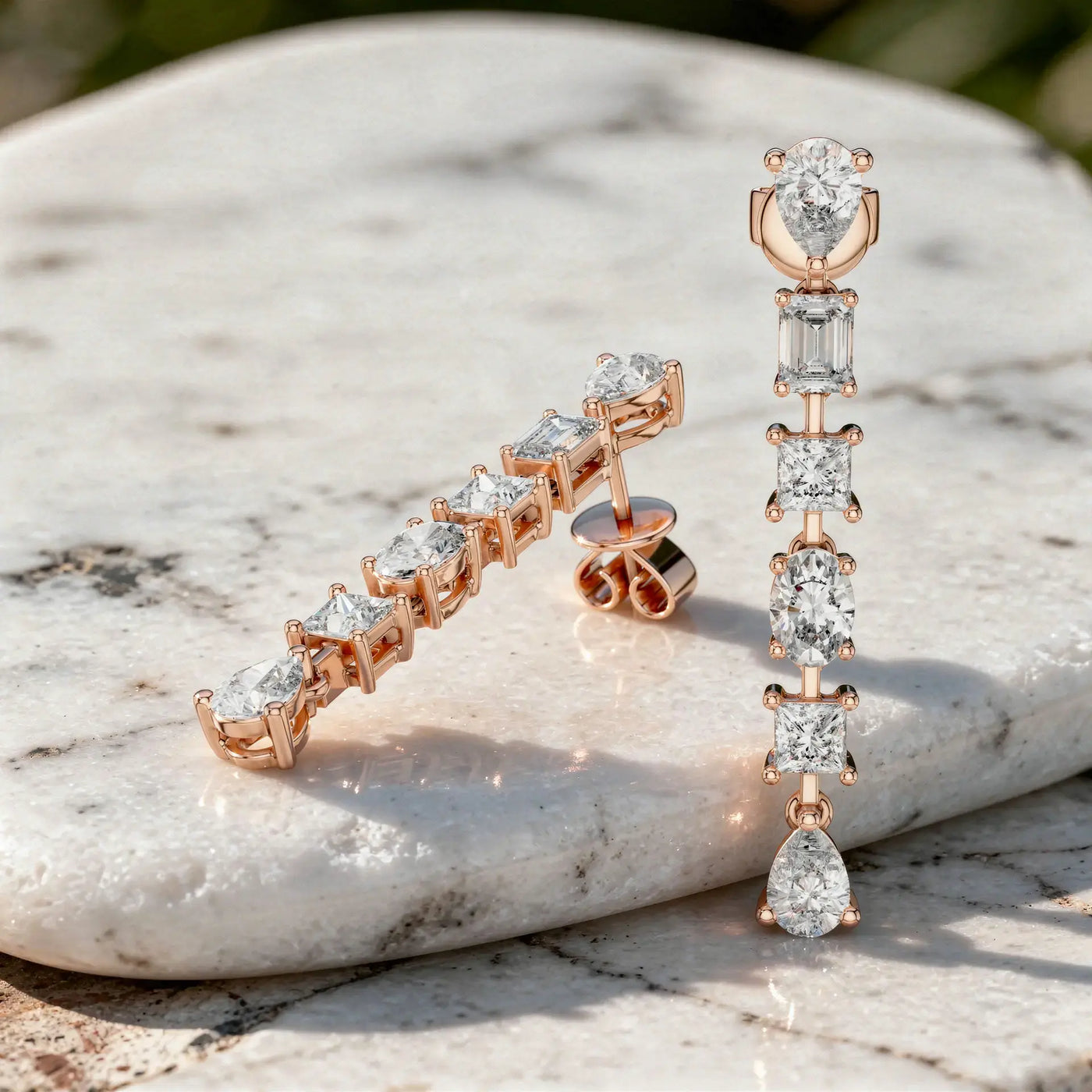 Flat Lay: Princess Diamond Earrings with Drop Setting in 14k Rose Gold - Lab Grown - Driona Jewels