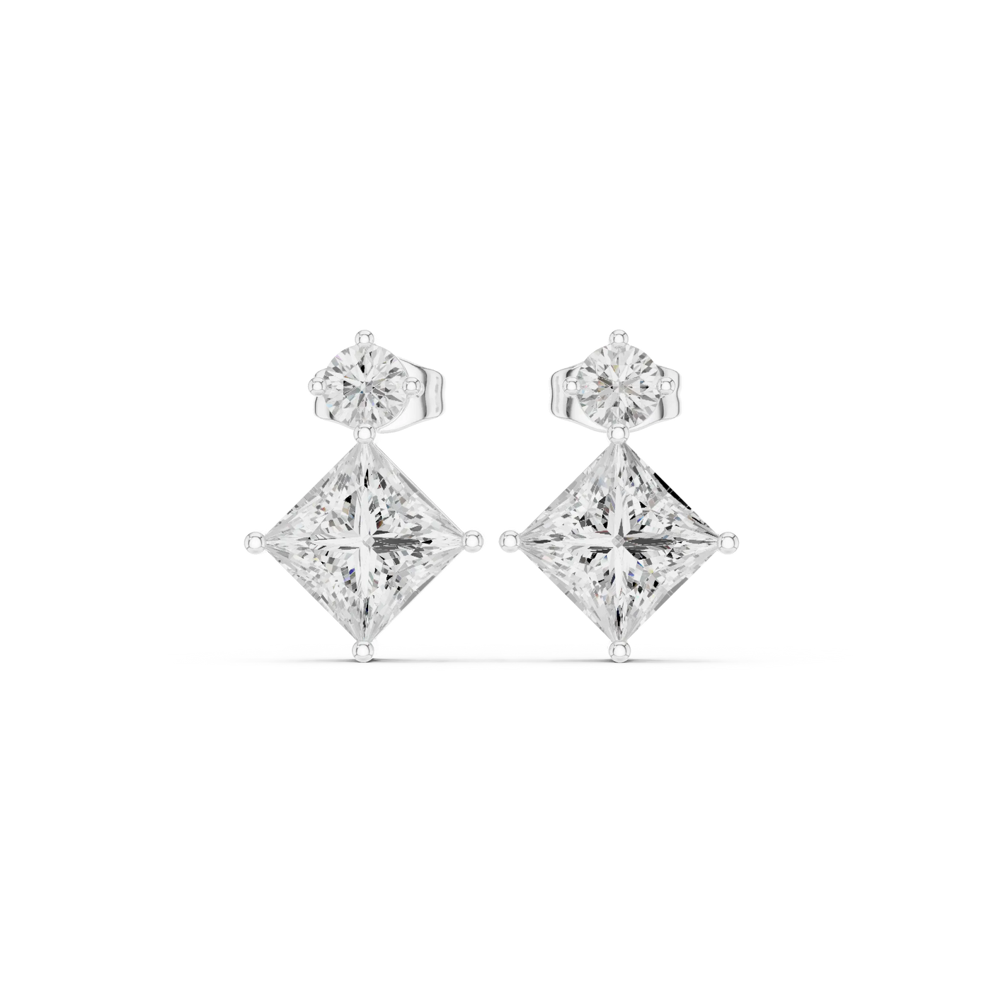 Pair Shot: Princess Diamond Earrings with Drop Setting in 14k White Gold - Lab Grown - Driona Jewels