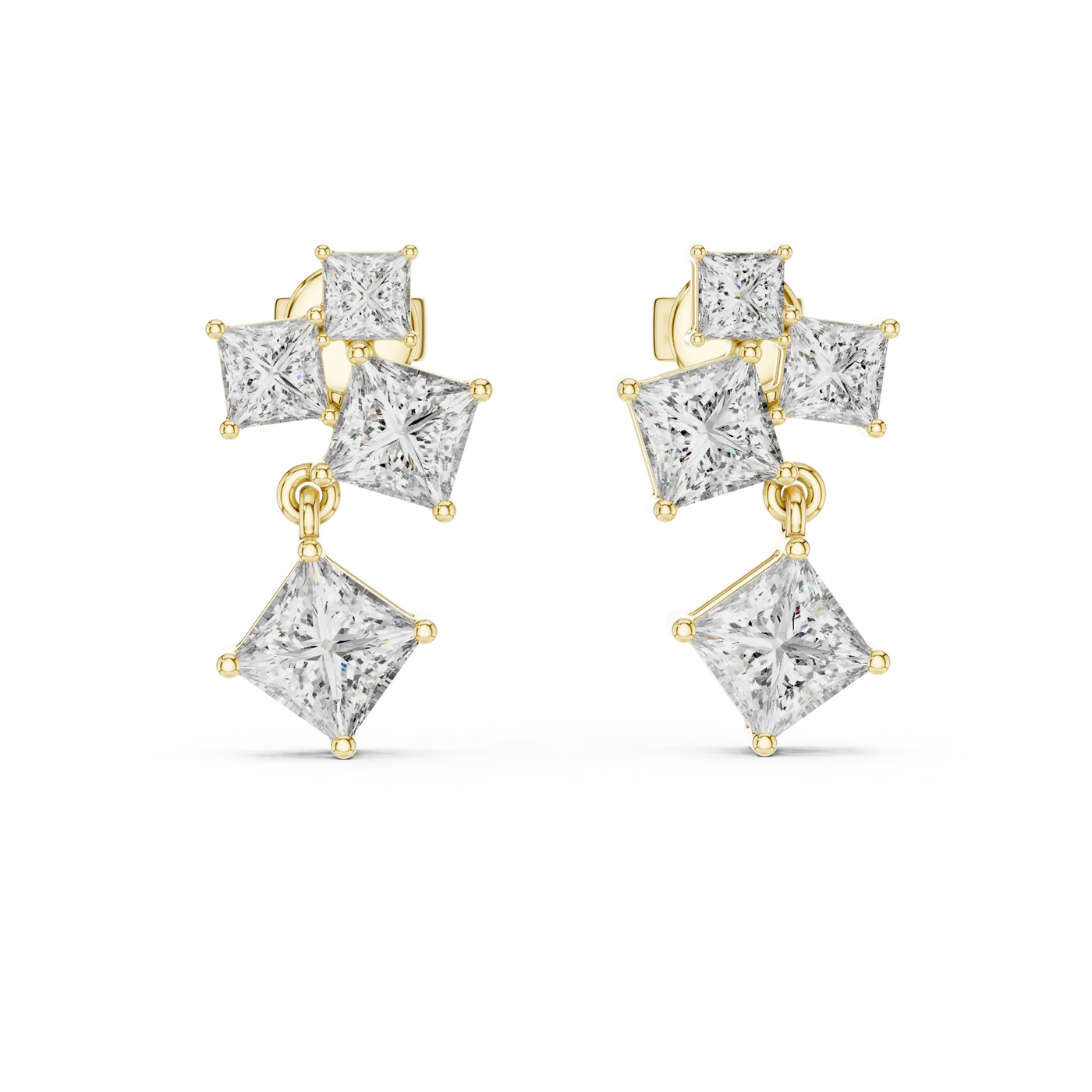 Pair Shot: Princess Diamond Earrings with Drop Setting in 14k Yellow Gold - Lab Grown - Driona Jewels
