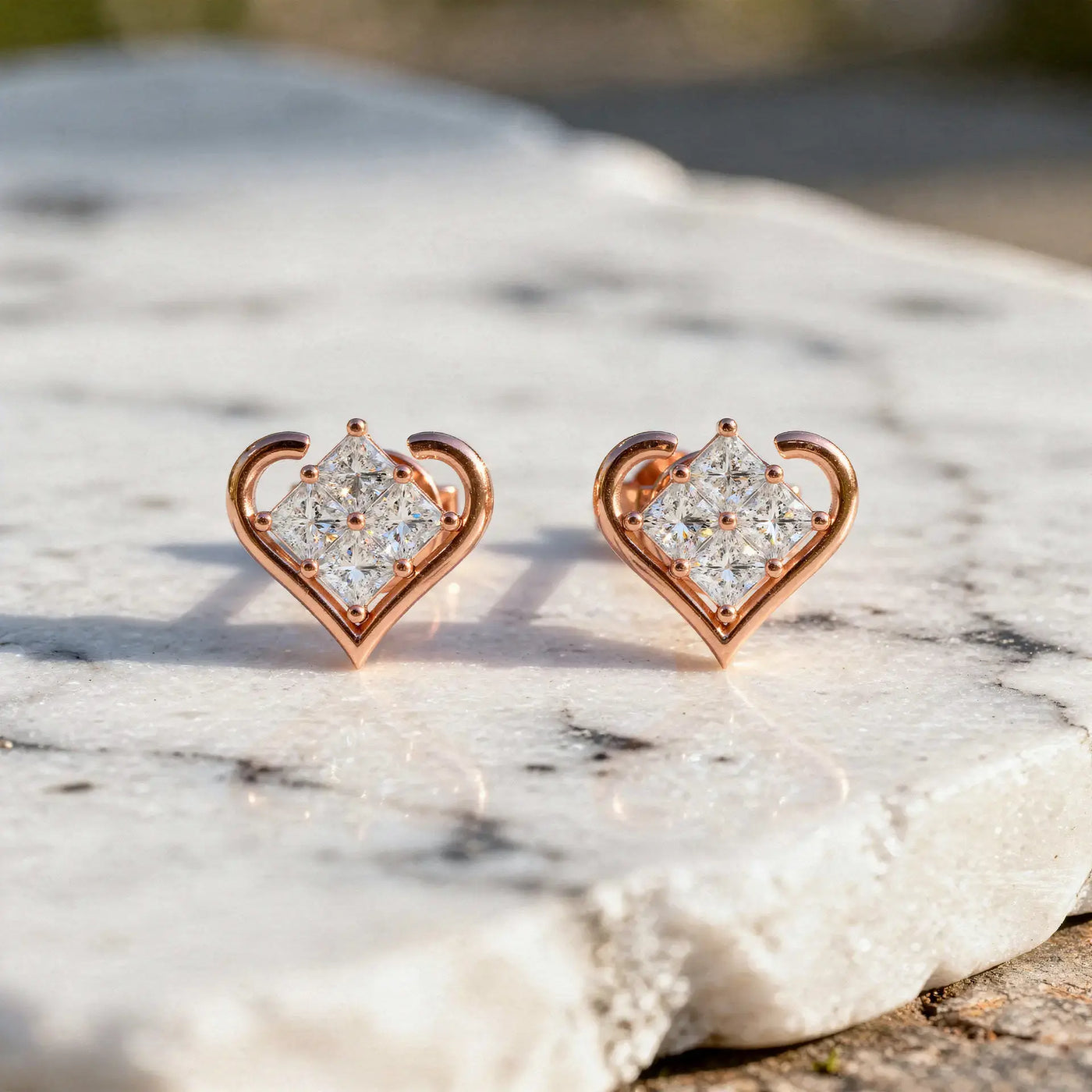 Pair-Shot: Princess Diamond Earrings with Halo Setting in 14k Rose Gold - Lab Grown - Driona Jewels