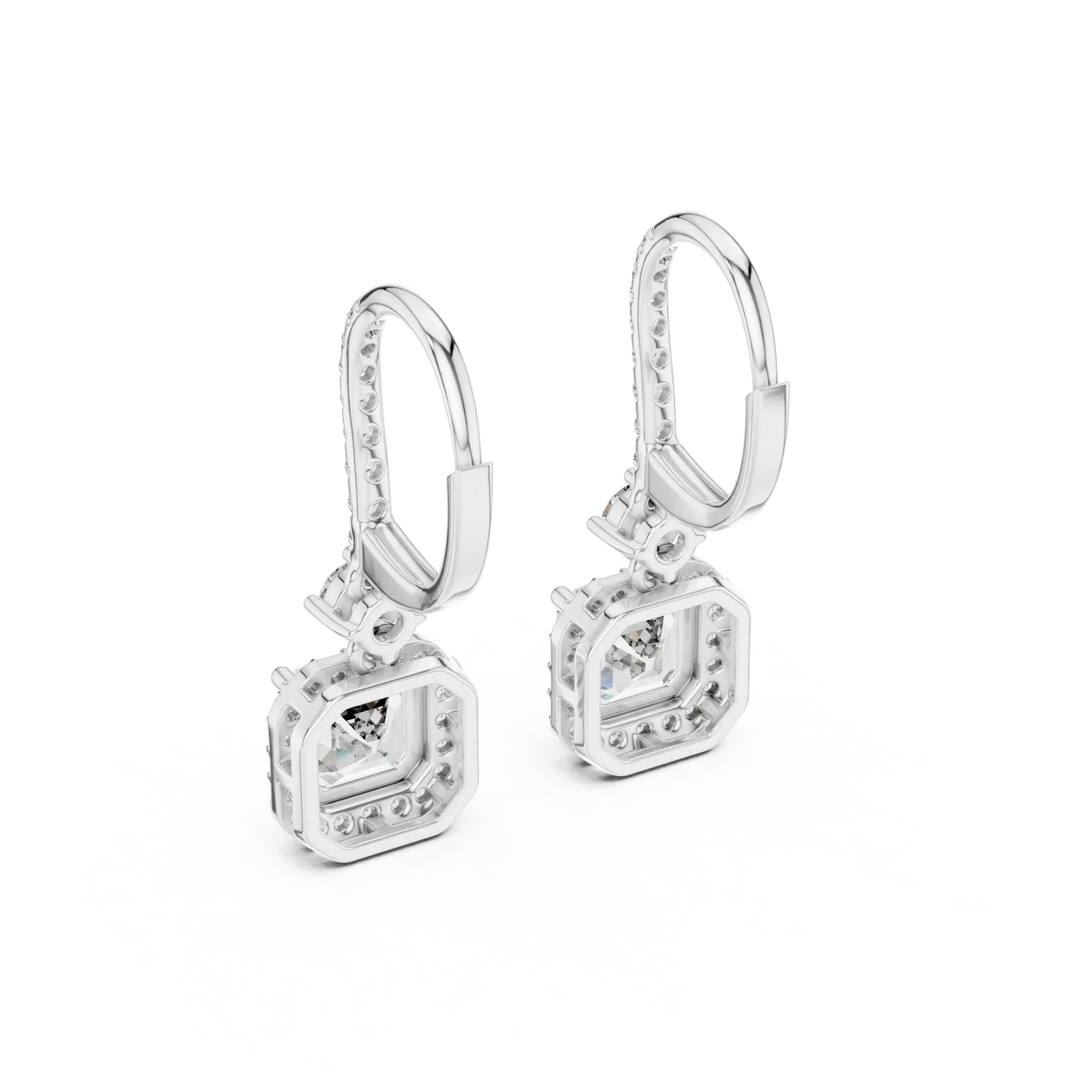 Pair Shot: Princess Cut Diamond Earrings with Halo Setting in 14k White Gold - Lab Grown - Driona Jewels