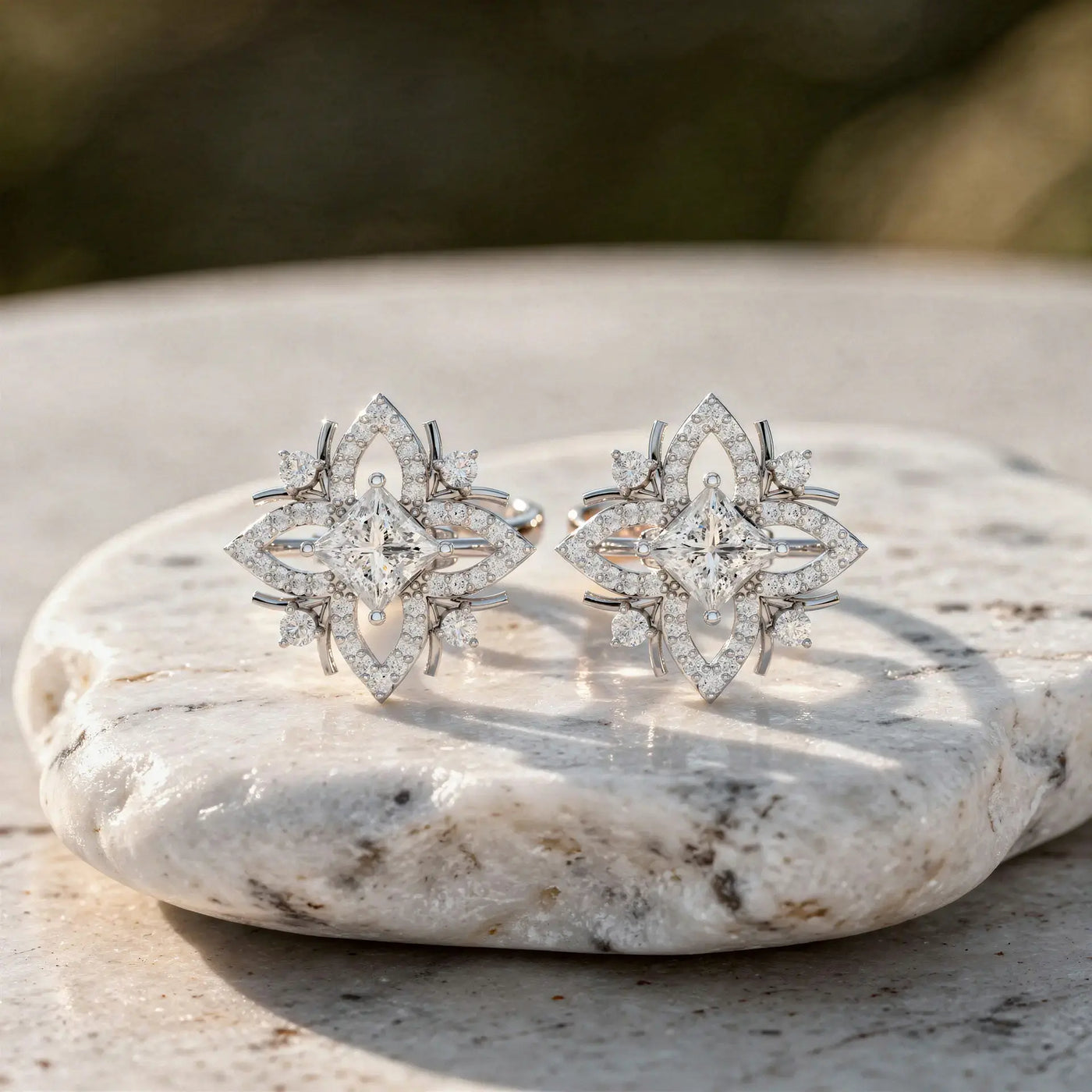Pair Shot: Princess Diamond Earrings with Halo Setting in 14k White Gold - Lab Grown - Driona Jewels