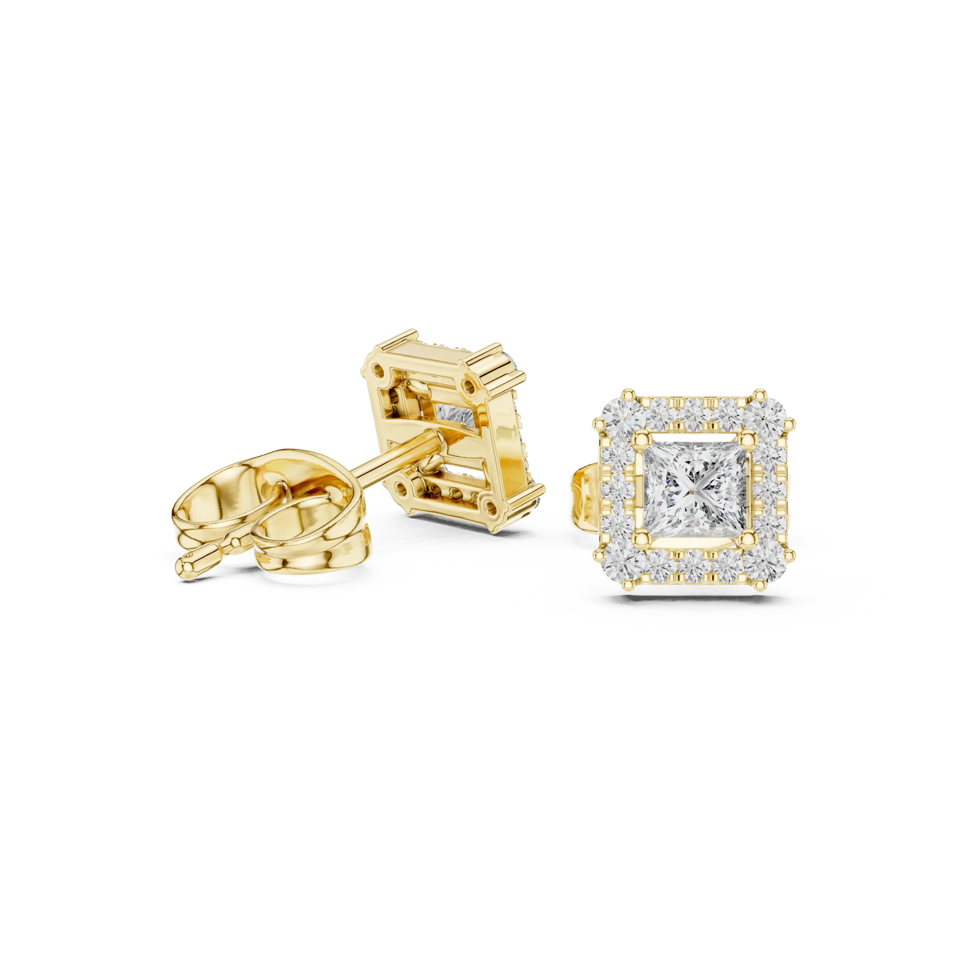 Pair Shot: Princess Diamond Earrings with Halo Setting in 14k Yellow Gold - Lab Grown - Driona Jewels