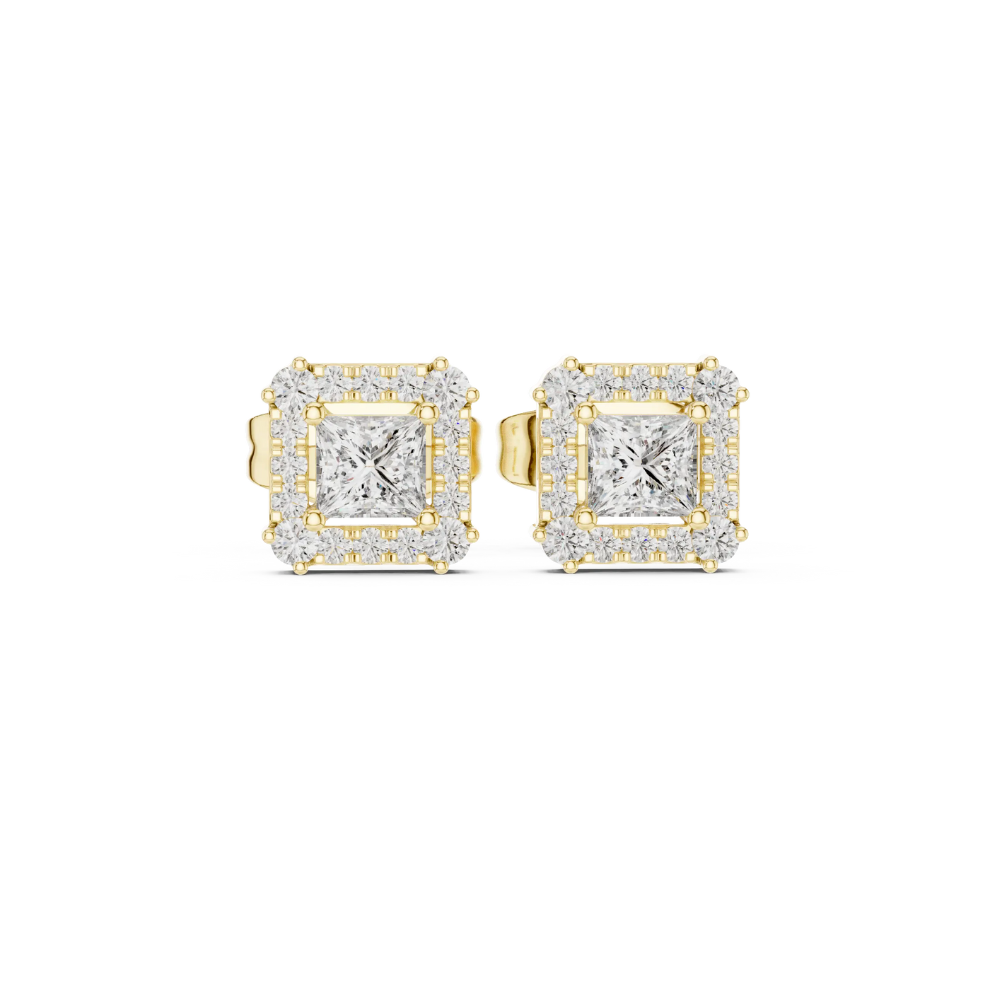 Pair-Shot: Princess Diamond Earrings with Halo Setting in 14k Yellow Gold - Lab Grown - Driona Jewels