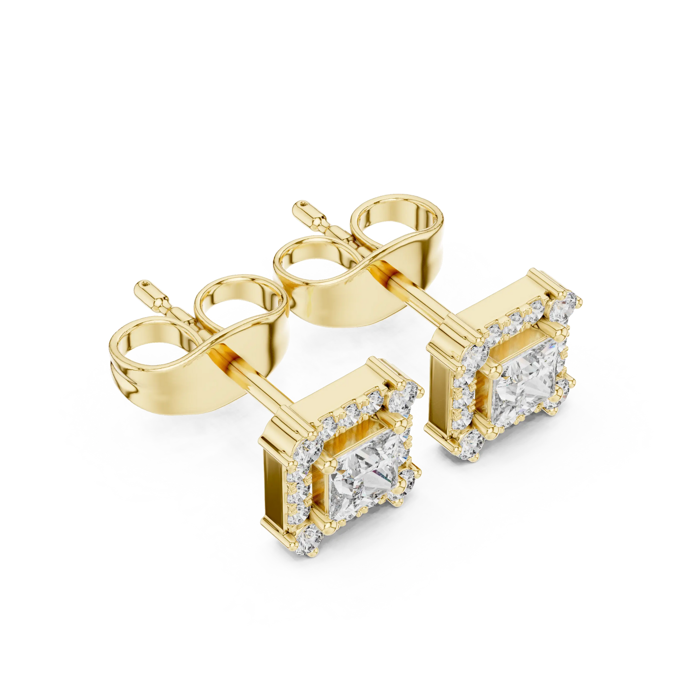 Pair Shot: Princess Diamond Earrings with Halo Setting in 14k Yellow Gold - Lab Grown - Driona Jewels