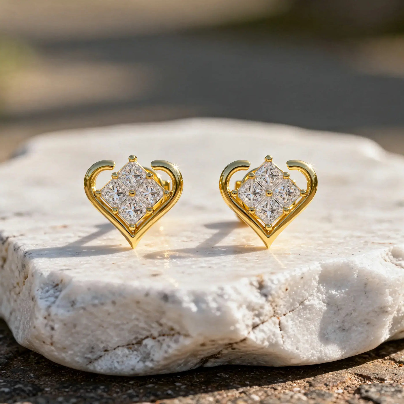 Pair-Shot: Princess Diamond Earrings with Heart Setting in 14k Yellow Gold - Lab Grown - Driona Jewels