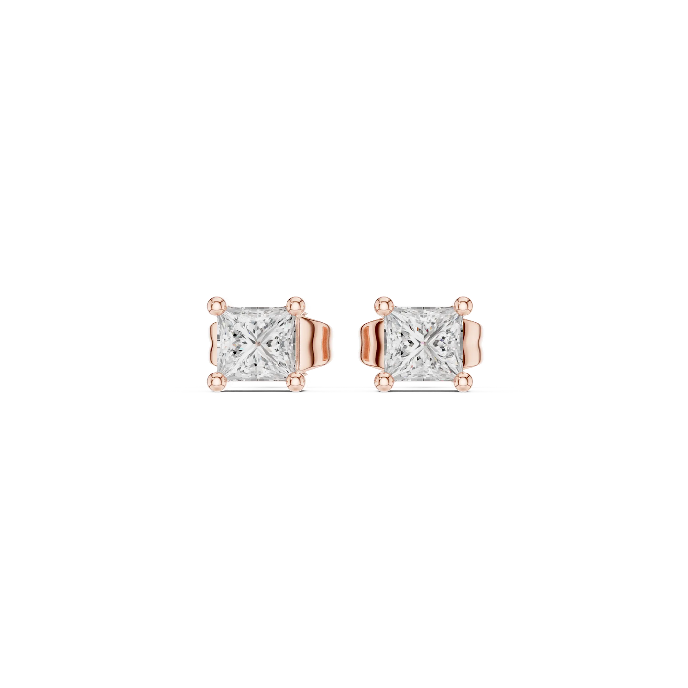 Pair Shot: Princess Diamond Studs with Prong Setting in 14k Rose Gold - Lab Grown - Driona Jewels
