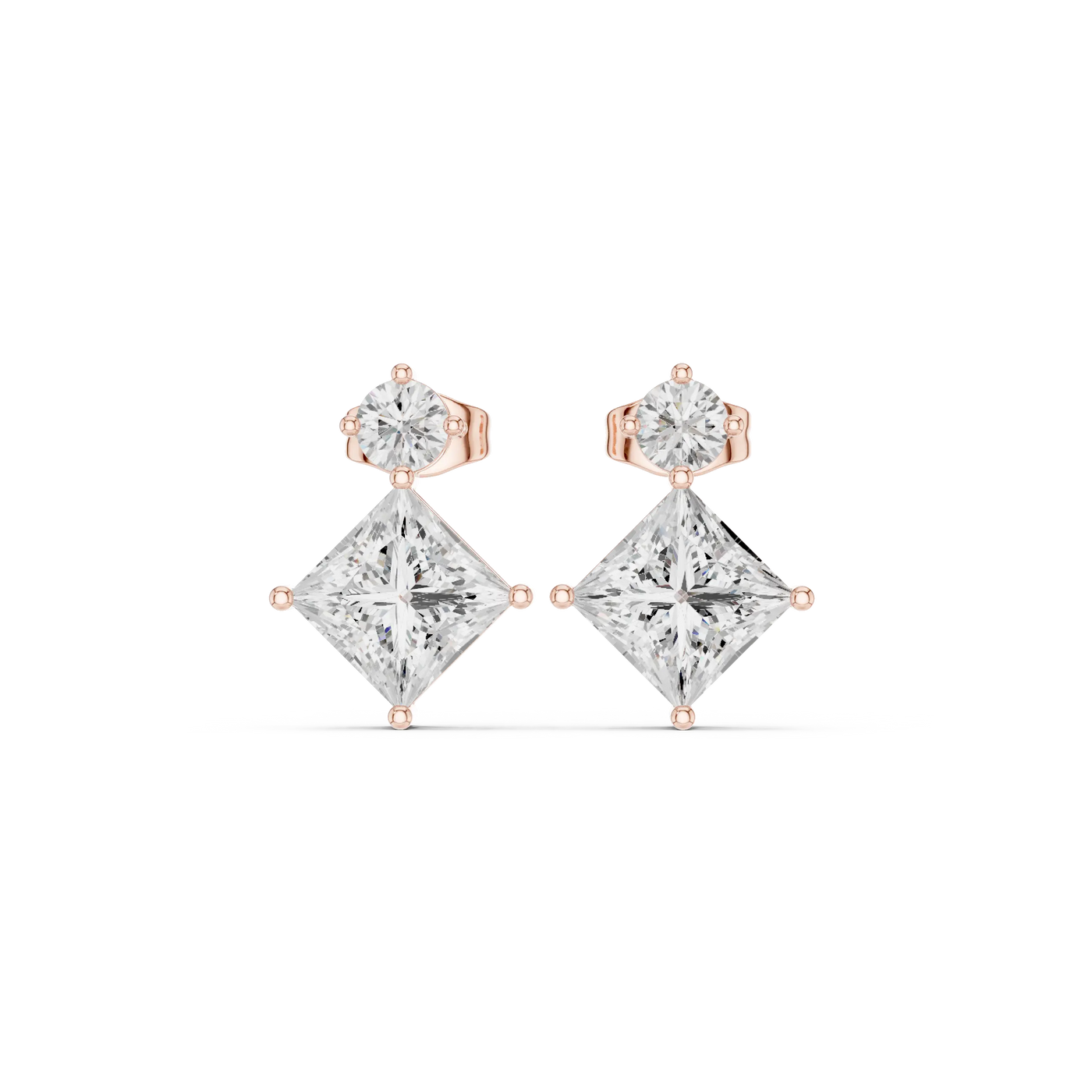 Pair Shot: Princess Diamond Earrings with Prong Setting in 14k Rose Gold - Lab Grown - Driona Jewels