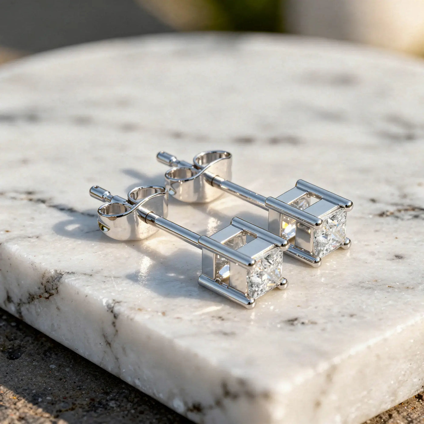 Pair Shot: Princess Diamond Earrings with Prong Setting in 14k White Gold - Lab Grown - Driona Jewels