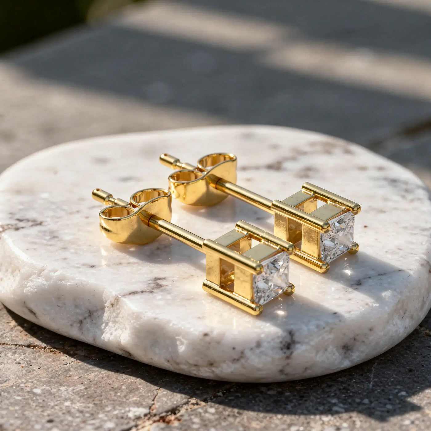 Pair Shot: Princess Diamond Earrings with Stud Setting in 14k Gold - Lab Grown - Driona Jewels