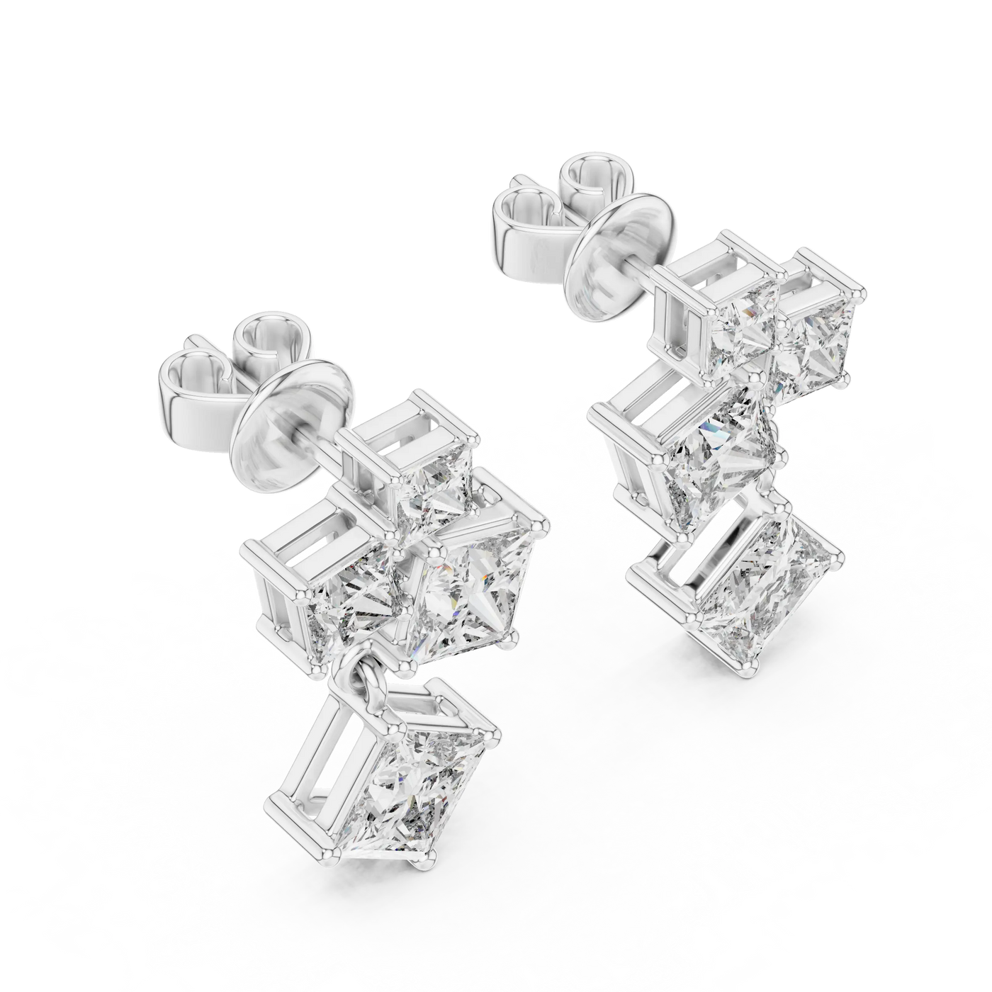 Pair-shot: Princess Diamond Earrings with Stud Setting in 14k White Gold - Lab Grown - Driona Jewels