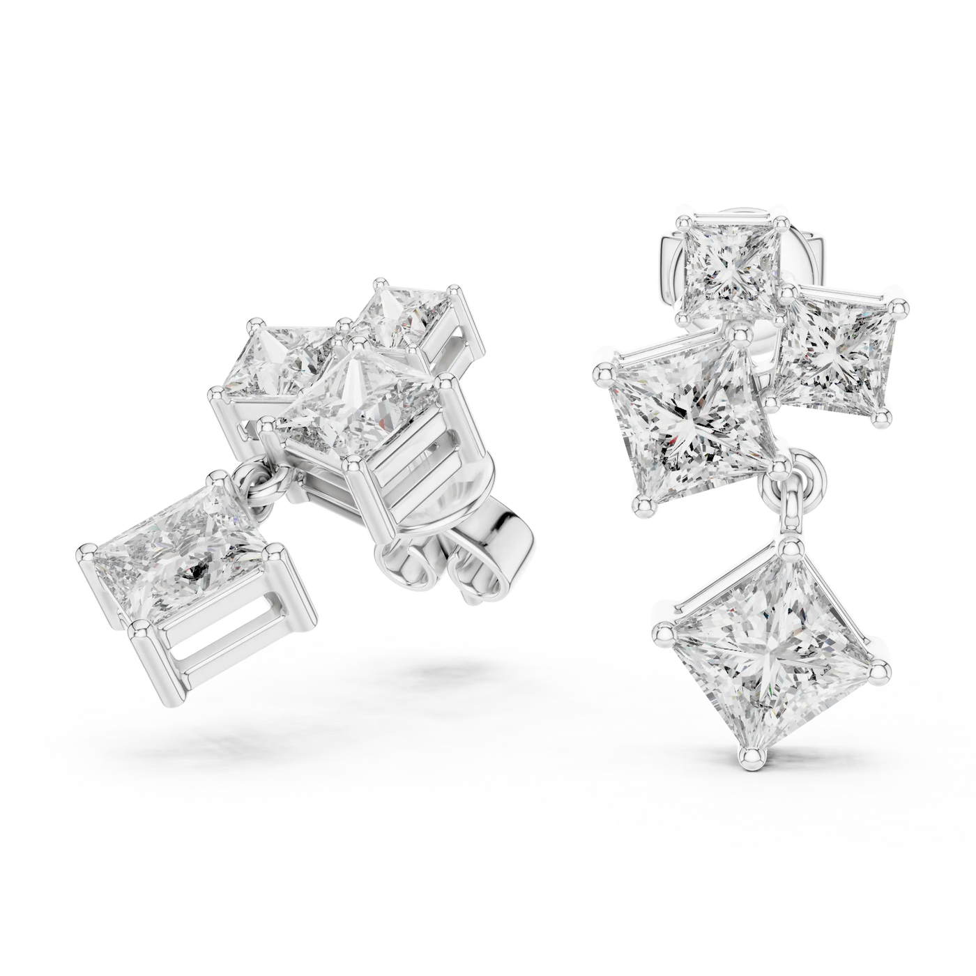 Pair-Shot: Princess Diamond Earrings with Stud Setting in 14k White Gold - Lab Grown - Driona Jewels