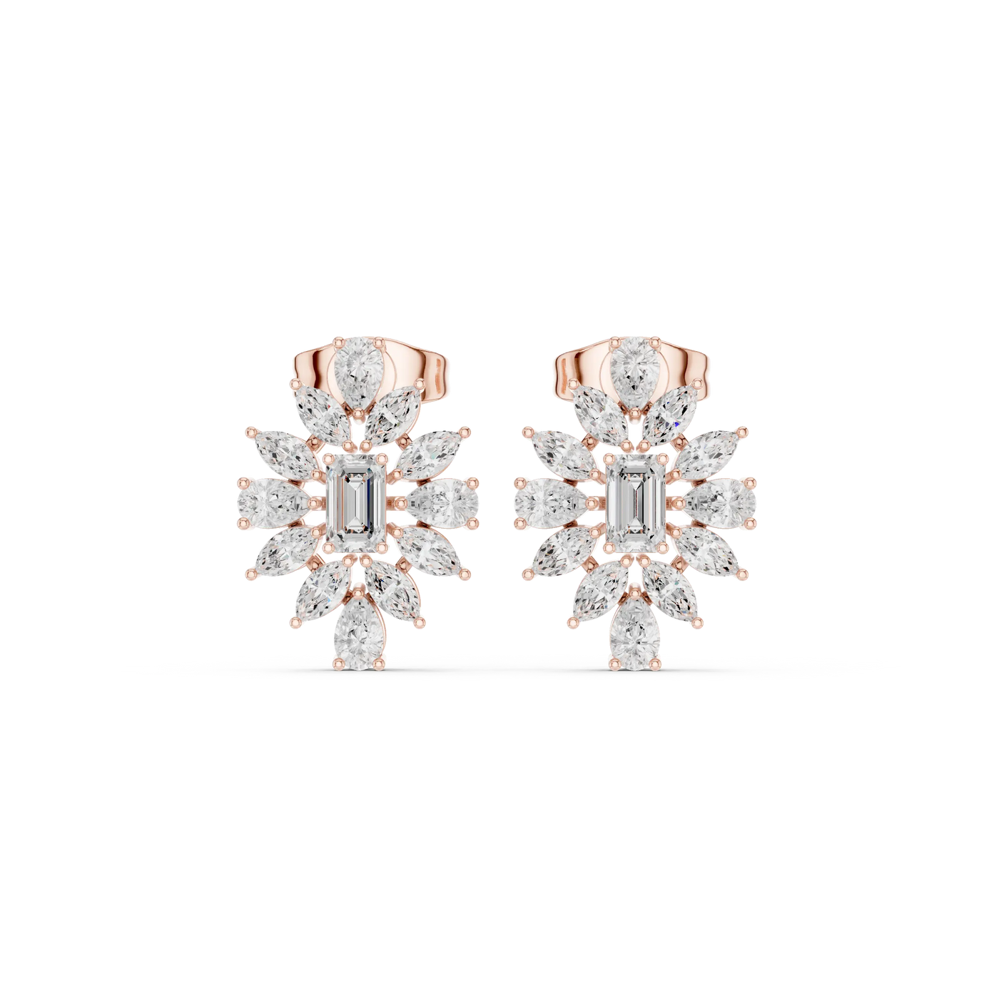 Pair Shot: Radiant Diamond Earrings with Halo Setting in 14k Rose Gold - Lab Grown - Driona Jewels