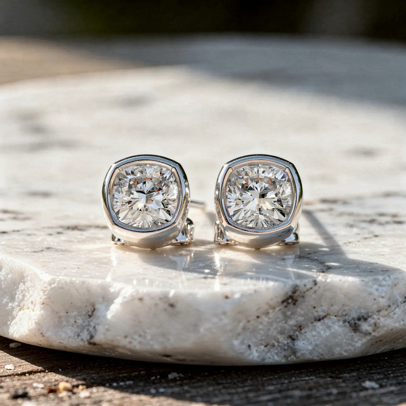 Pair Shot: Round Diamond Earrings with Bezel Setting in 14k White Gold - Lab Grown - Driona Jewels