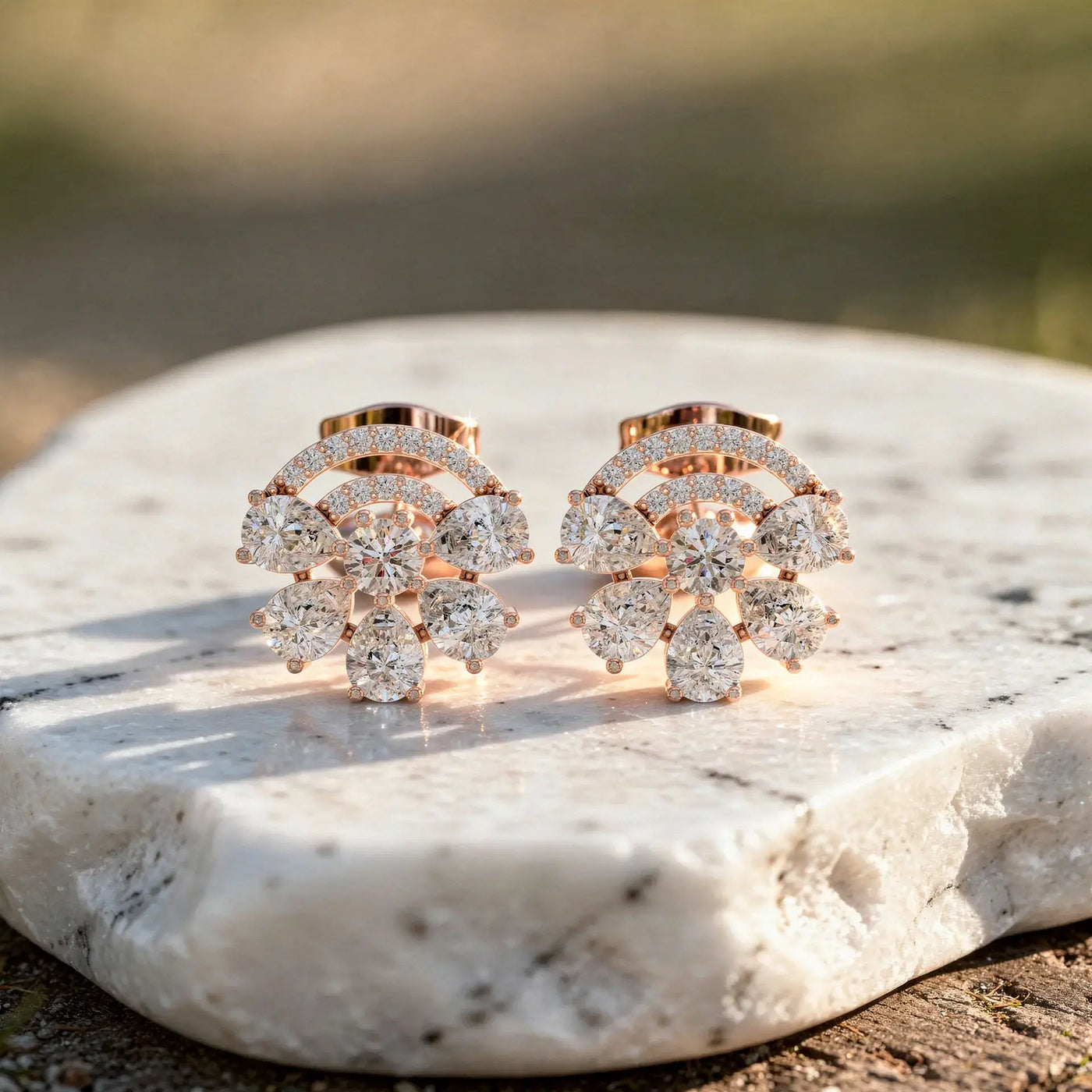 Pair Shot: Round Diamond Earrings with Cluster Setting in 14k Rose Gold - Lab Grown - Driona Jewels