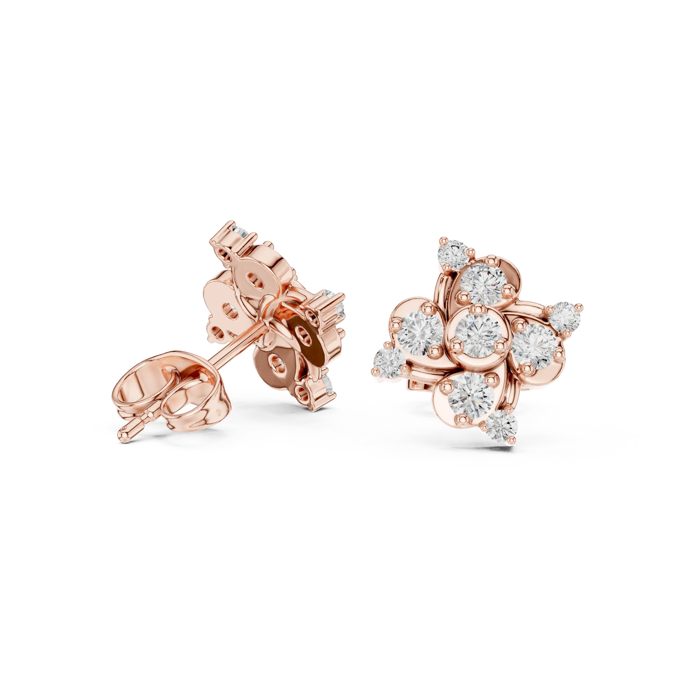 Pair-Shot: Round Diamond Earrings with Cluster Setting in 14k Rose Gold - Lab Grown - Driona Jewels