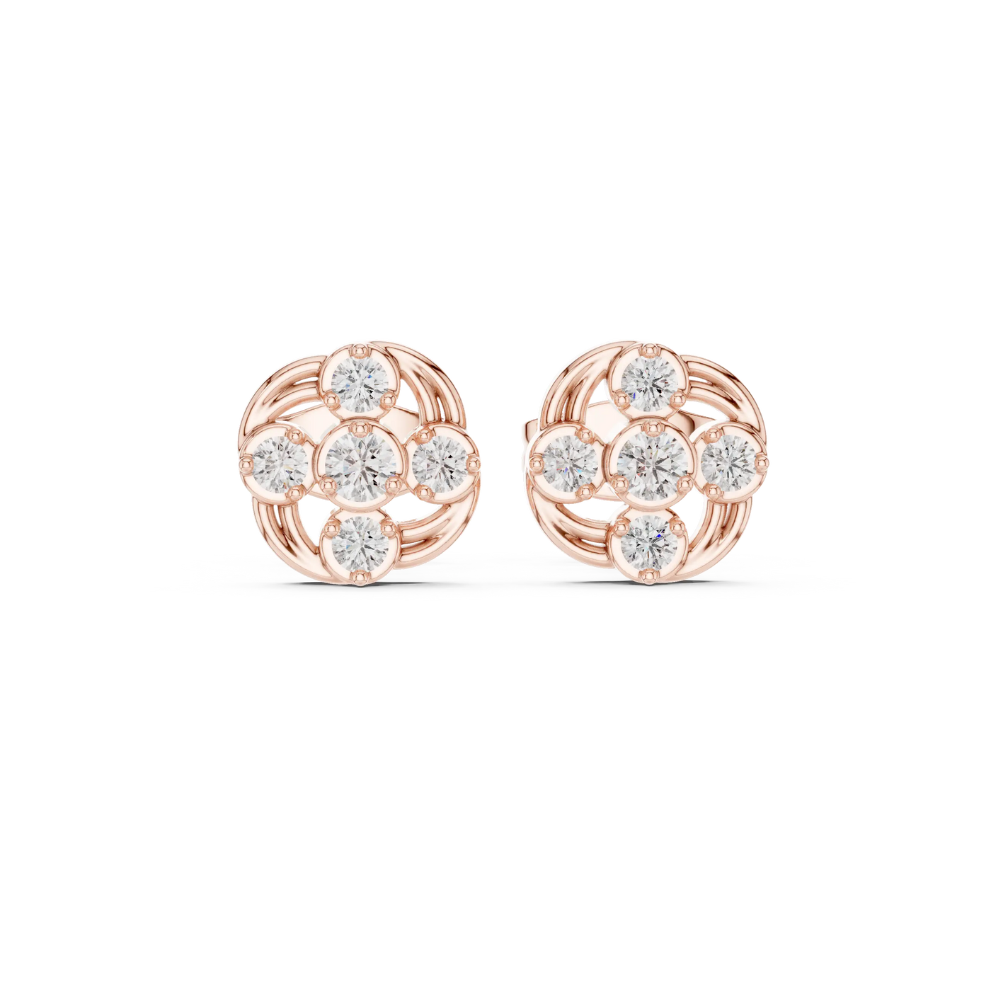 Pair-Shot: Round Diamond Earrings with Cluster Setting in 14k Rose Gold - Lab Grown - Driona Jewels