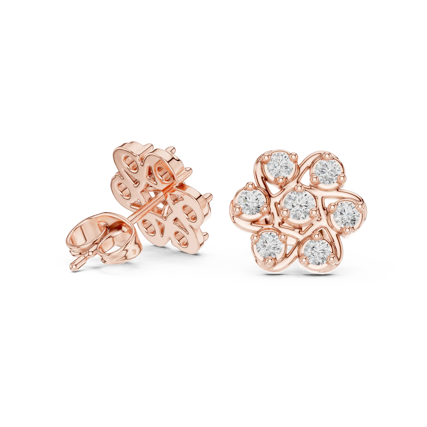 Pair Shot: Round Diamond Earrings with Cluster Setting in 14k Rose Gold - Lab Grown - Driona Jewels