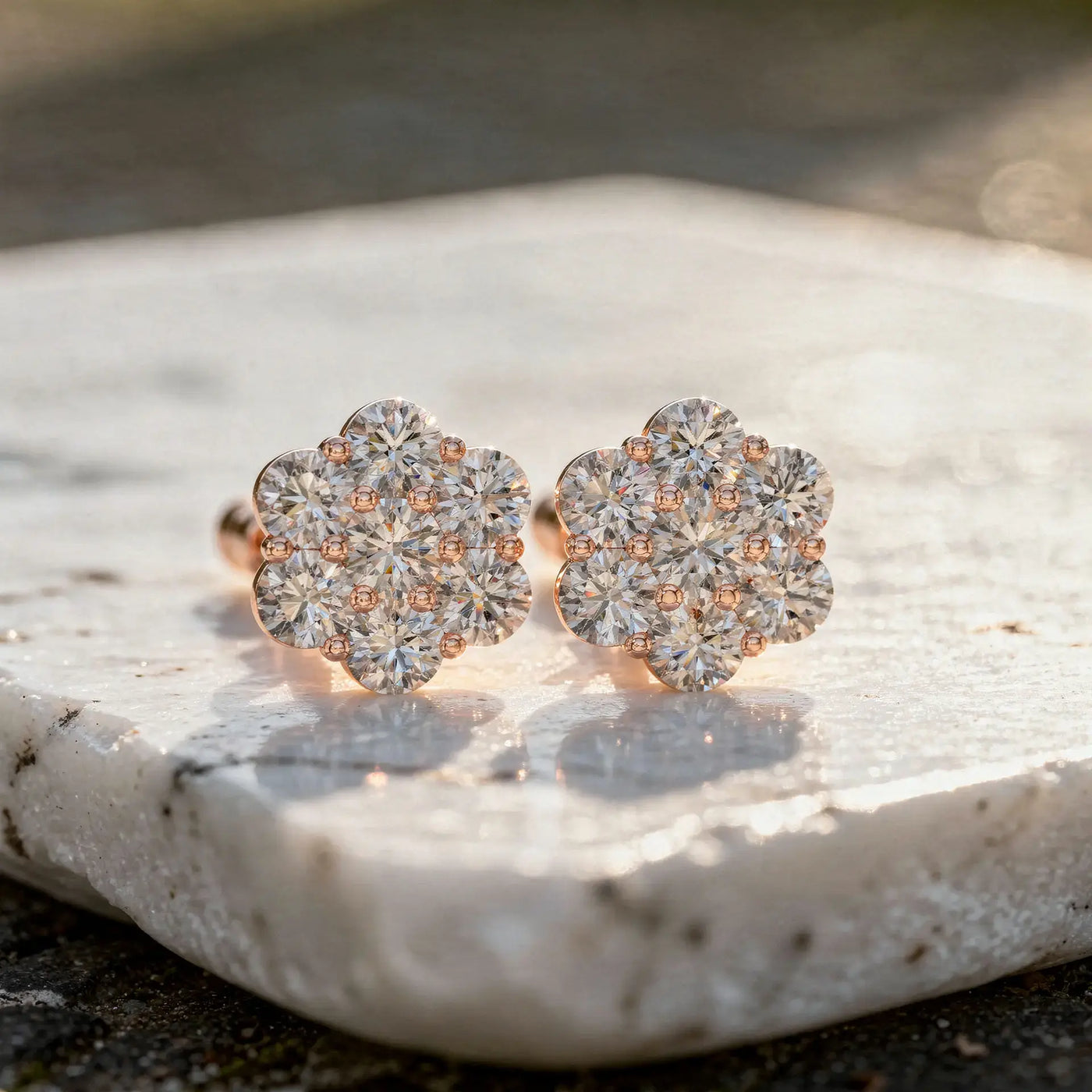 Pair Shot: Round Diamond Earrings with Cluster Setting in 14k Rose Gold - Lab Grown - Driona Jewels