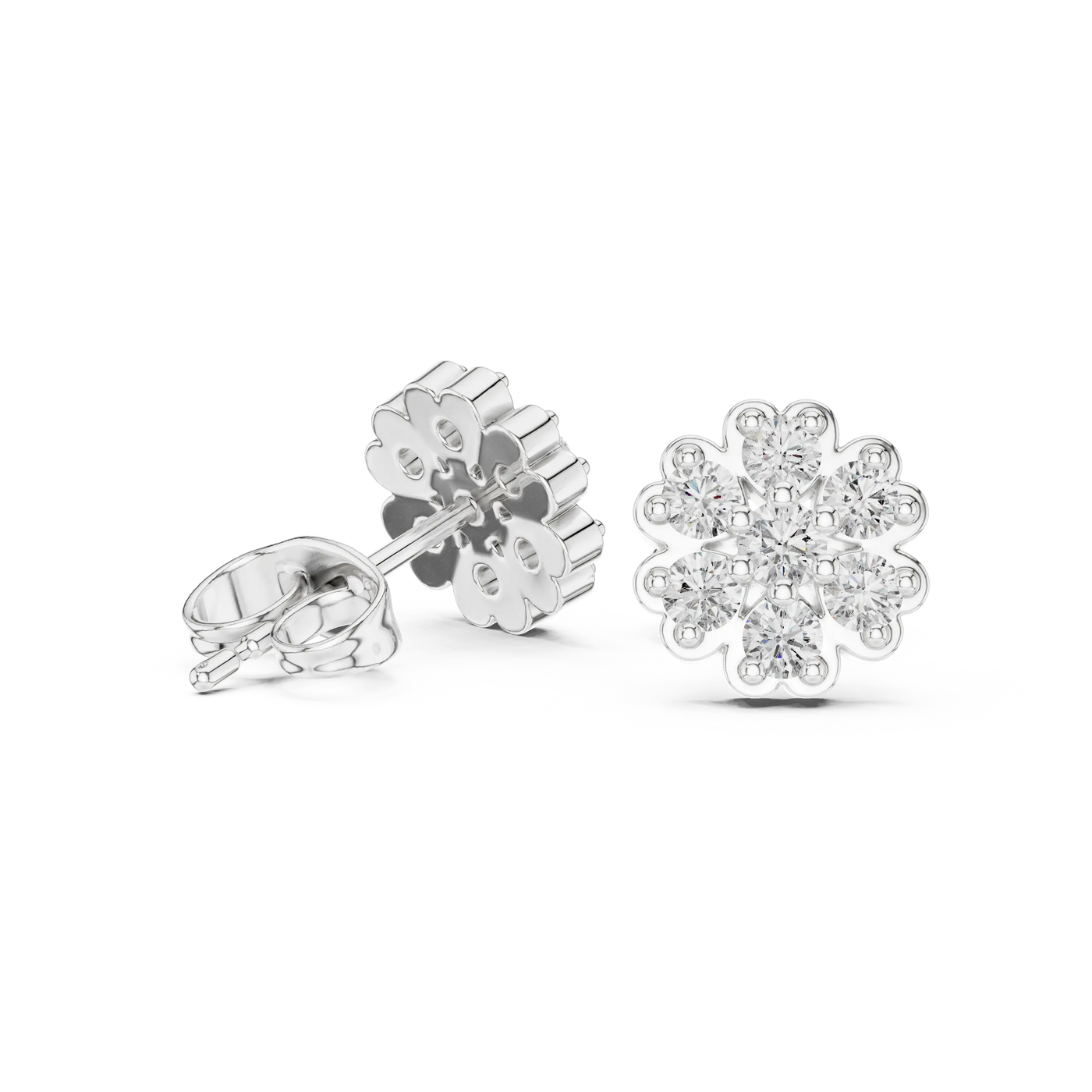 Pair-Shot: Round Diamond Earrings with Cluster Setting in 14k White Gold - Lab Grown - Driona Jewels