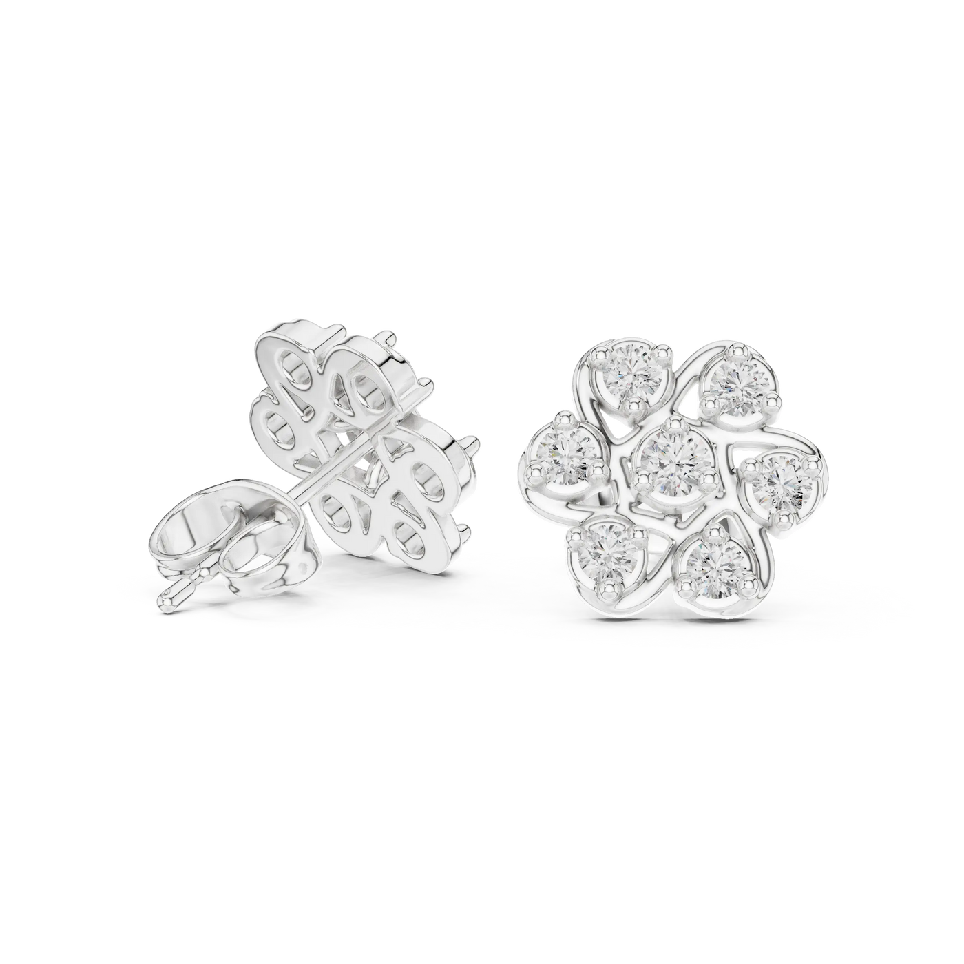 Pair-Shot: Round Diamond Earrings with Cluster Setting in 14k White Gold - Lab Grown - Driona Jewels