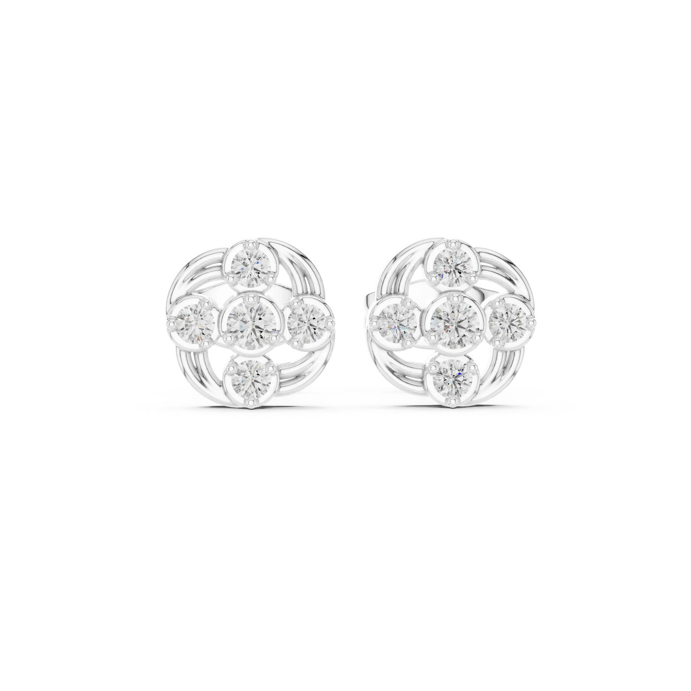 Pair Shot: Round Diamond Earrings with Cluster Setting in 14k White Gold - Lab Grown - Driona Jewels