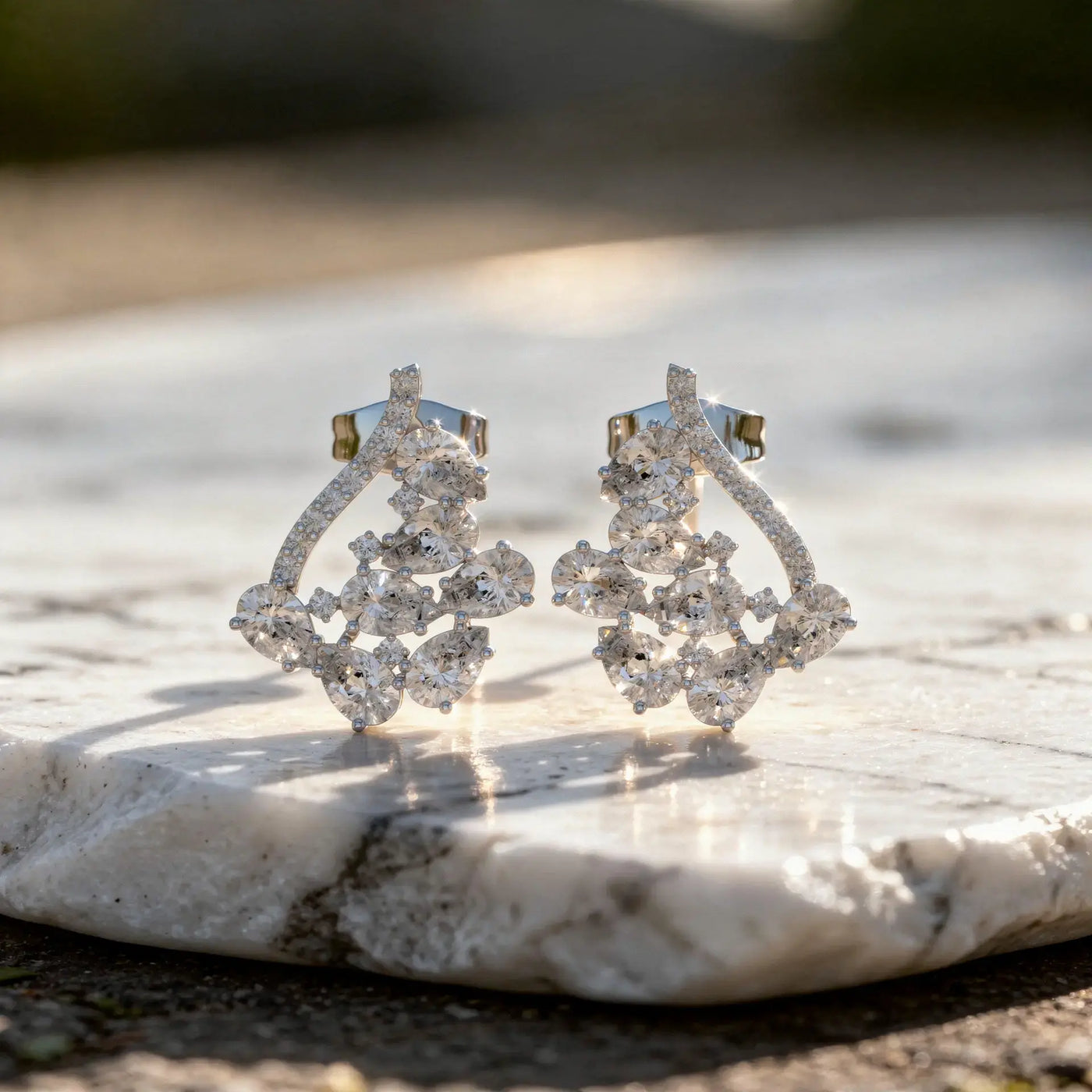 Pair Shot: Round Diamond Earrings with Cluster Setting in 14k White Gold - Lab Grown - Driona Jewels