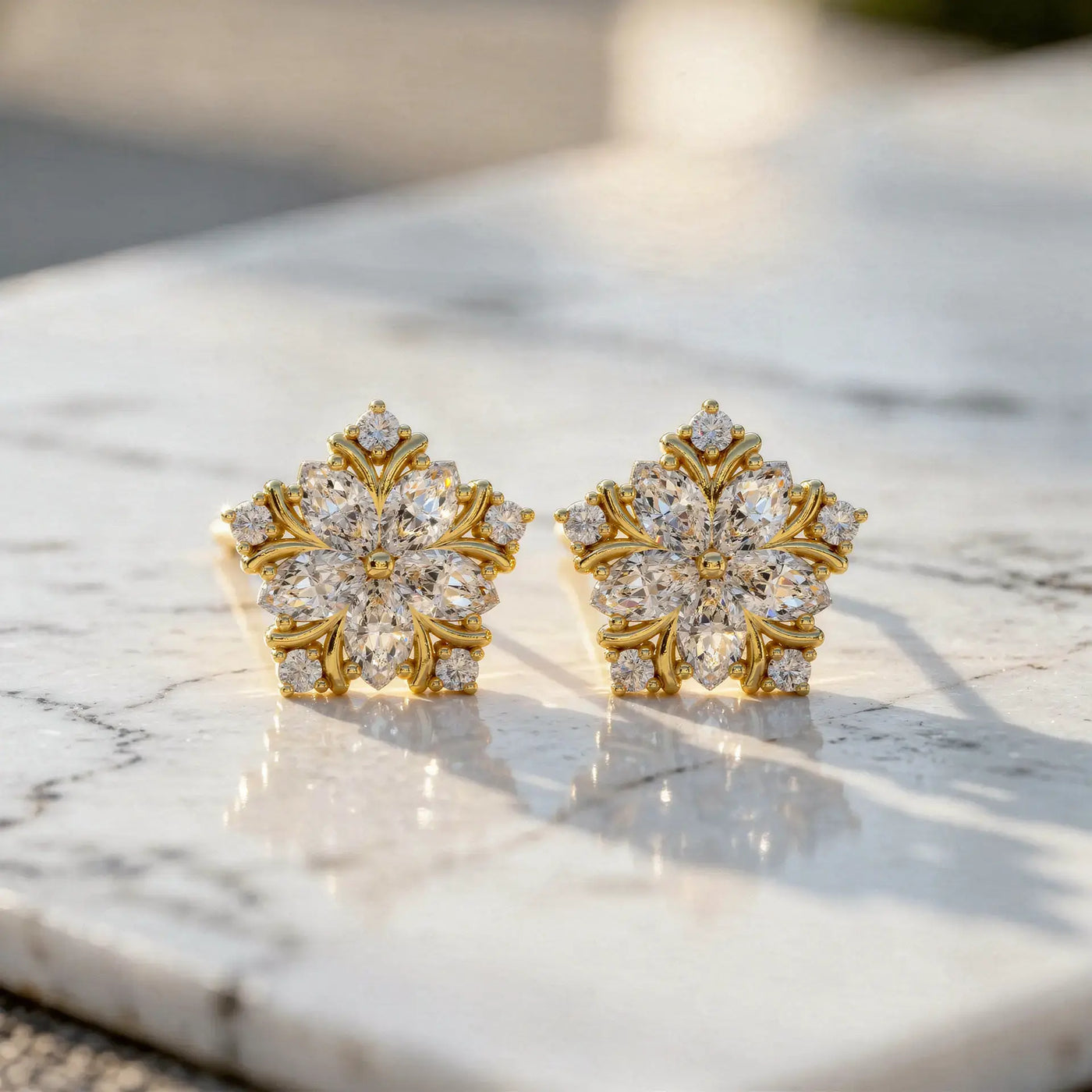 Pair Shot: Round Diamond Earrings with Cluster Setting in 14k Yellow Gold - Lab Grown - Driona Jewels