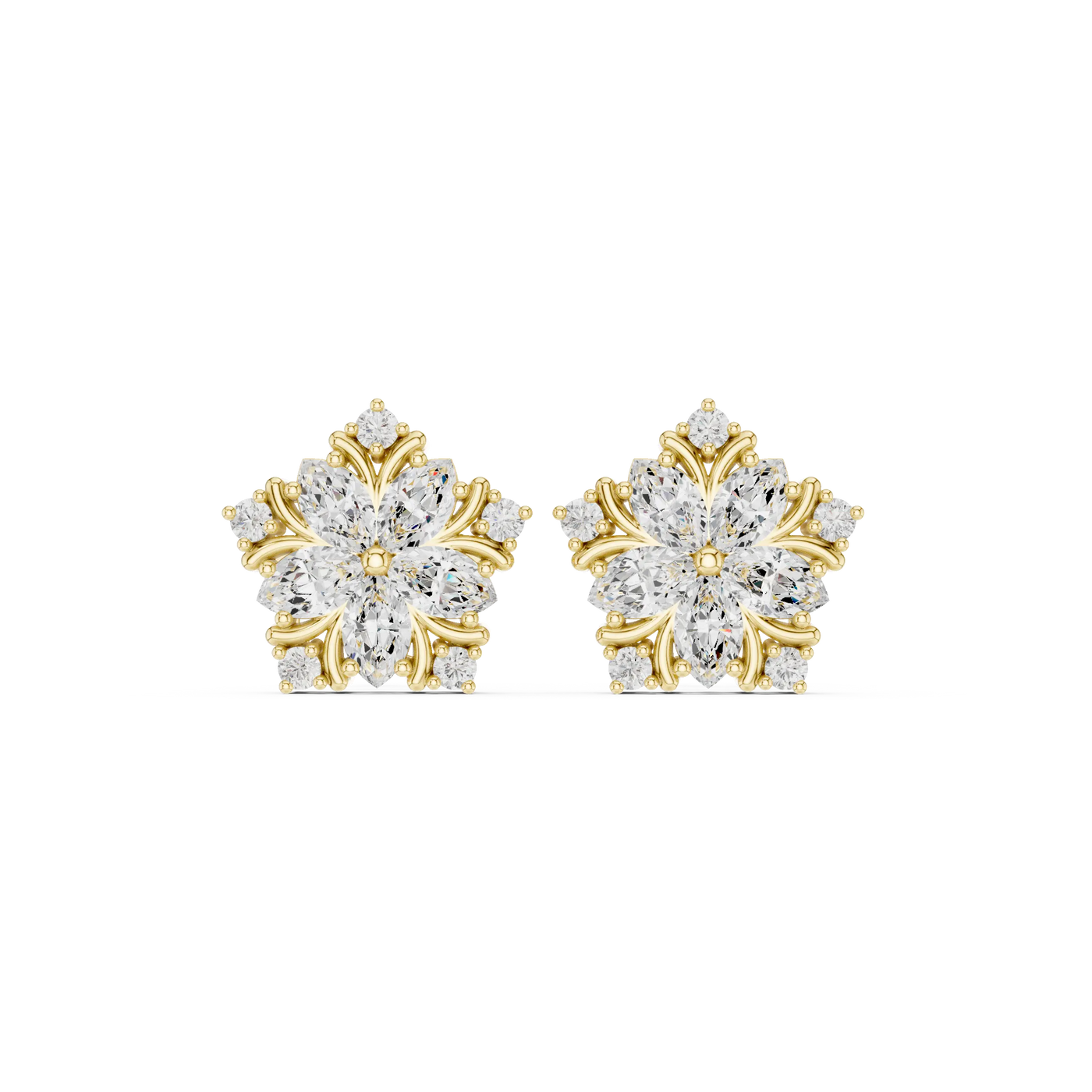 Pair-Shot: Round Diamond Earrings with Cluster Setting in 14k Yellow Gold - Lab Grown - Driona Jewels