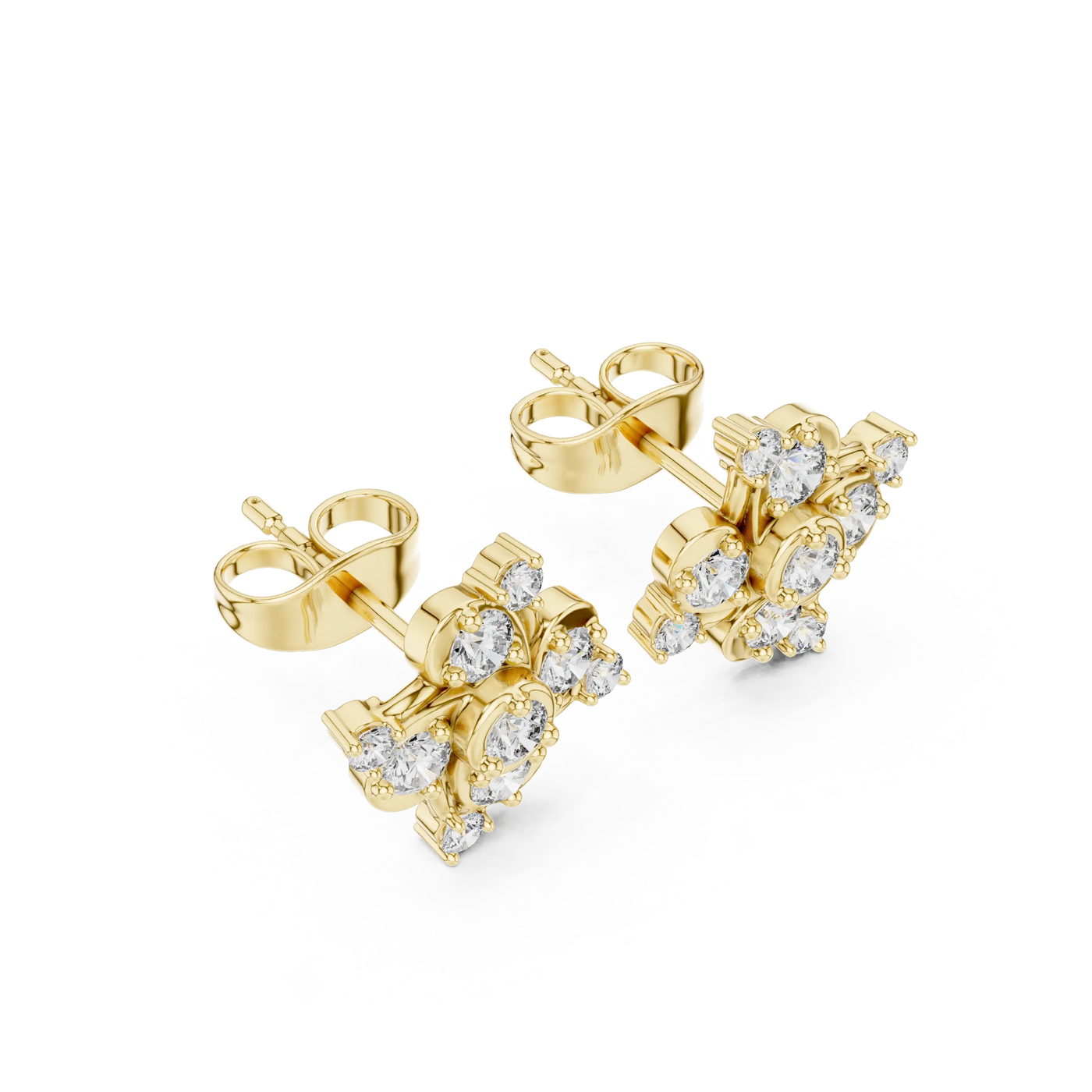 Pair Shot: Round Diamond Earrings with Cluster Setting in 14k Yellow Gold - Lab Grown - Driona Jewels