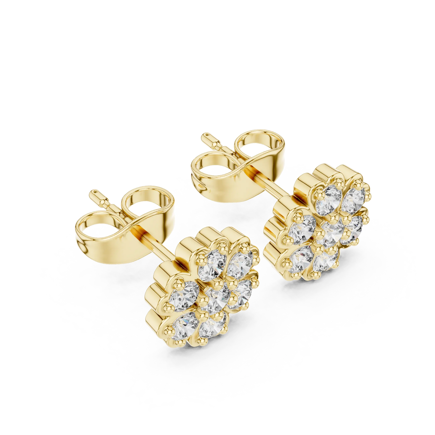 Pair Shot: Round Diamond Earrings with Cluster Setting in 14k Yellow Gold - Lab Grown - Driona Jewels