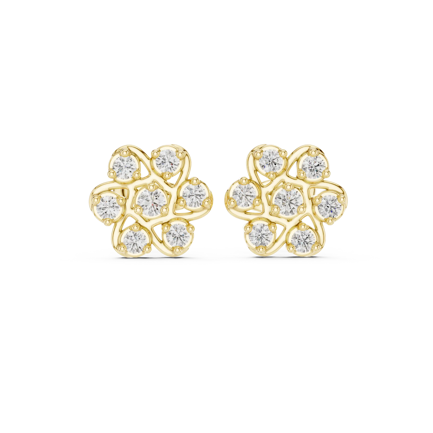 Pair-Shot: Round Diamond Earrings with Cluster Setting in 14k Yellow Gold - Lab Grown - Driona Jewels