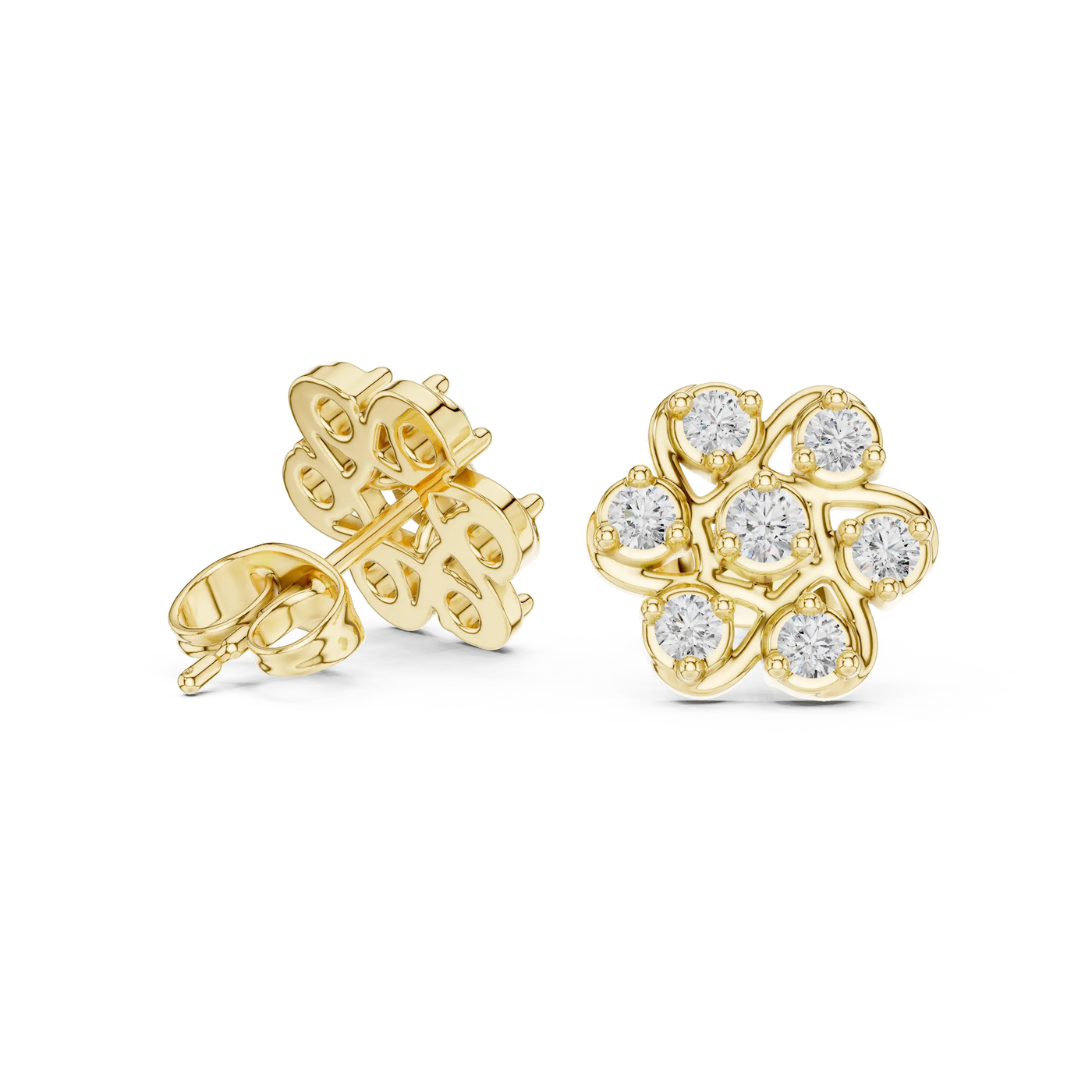 Pair Shot: Round Diamond Earrings with Cluster Setting in 14k Yellow Gold - Lab Grown - Driona Jewels