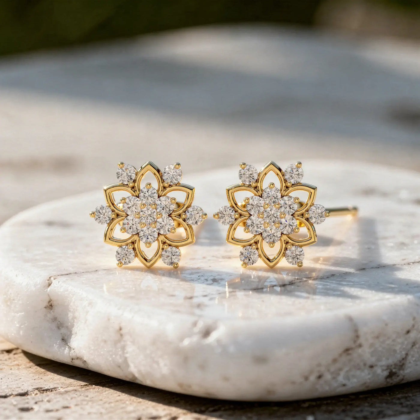 Pair Shot: Round Diamond Earrings with Floral Setting in 14k Yellow Gold - Lab Grown - Driona Jewels