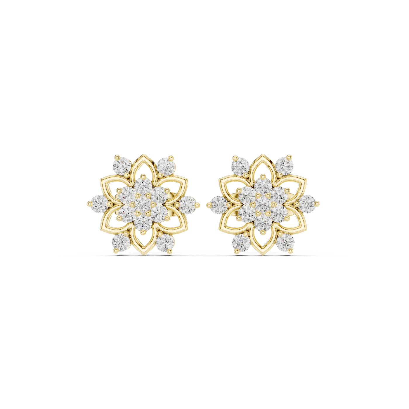 Pair Shot: Round Diamond Earrings with Floral Setting in 14k Yellow Gold - Lab Grown - Driona Jewels