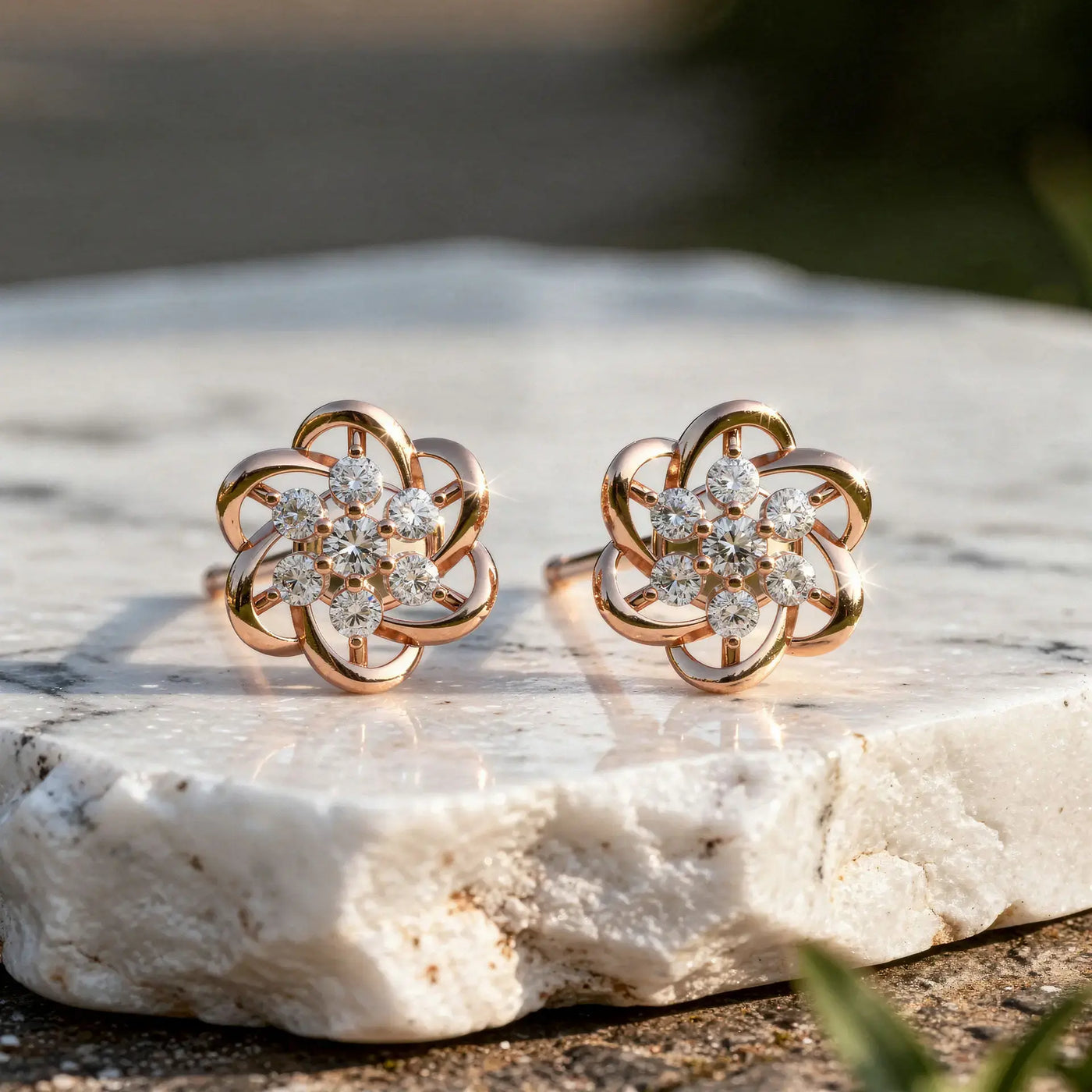 Pair Shot: Round Diamond Earrings with Flower Setting in 14k Rose Gold - Lab Grown - Driona Jewels