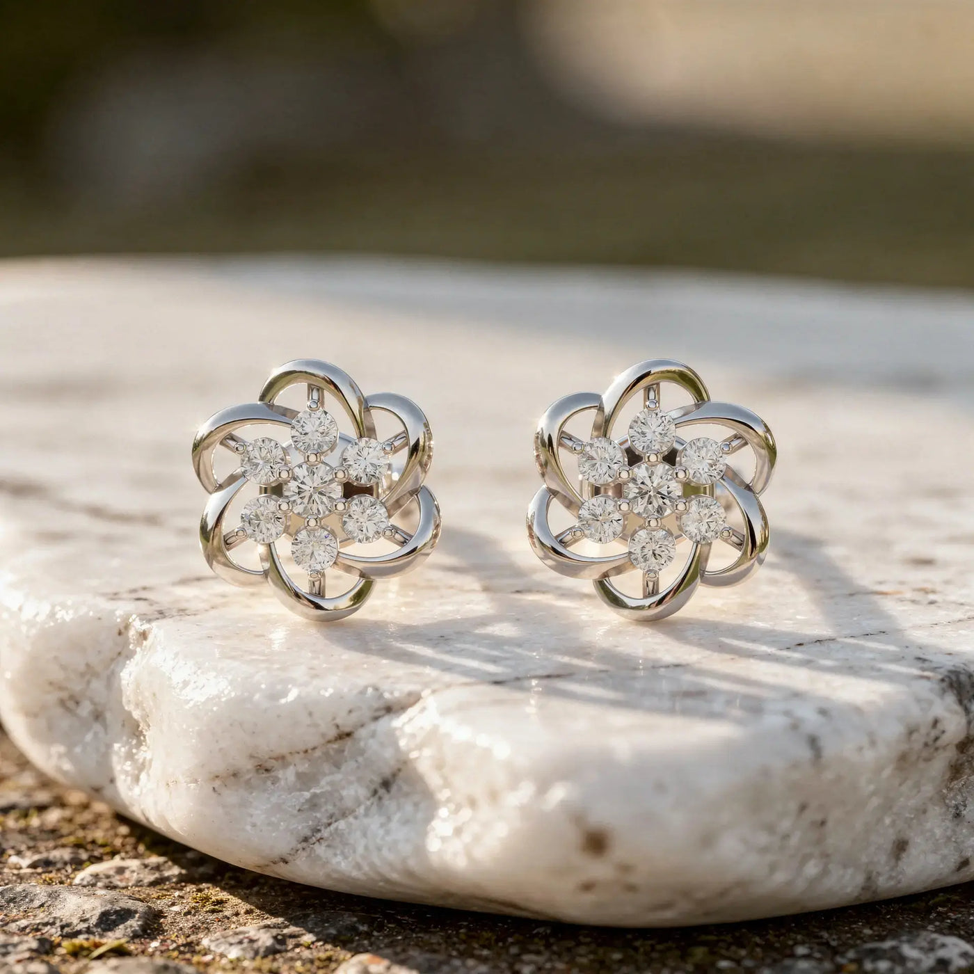 Pair Shot: Round Diamond Earrings with Flower Setting in 14k White Gold - Lab Grown - Driona Jewels