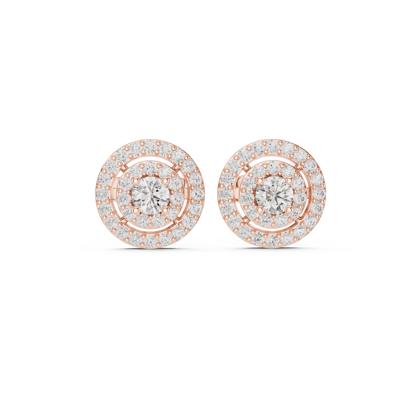 Pair-Shot: Round Diamond Earrings with Halo Setting in 14k Rose Gold - Lab Grown - Driona Jewels