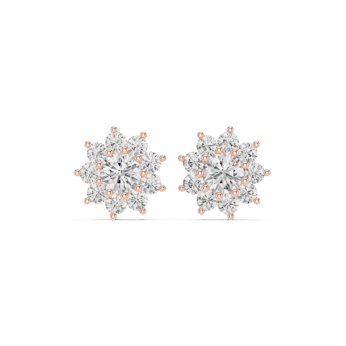 Pair-Shot: Round Diamond Earrings with Halo Setting in 14k Rose Gold - Lab Grown - Driona Jewels