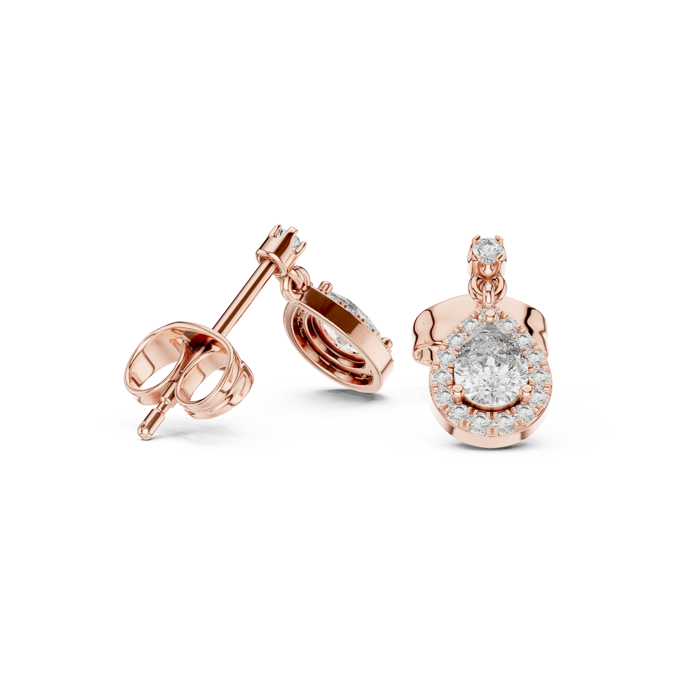 Pair Shot: Round Diamond Earrings with Halo Setting in 14k Rose Gold - Lab Grown - Driona Jewels