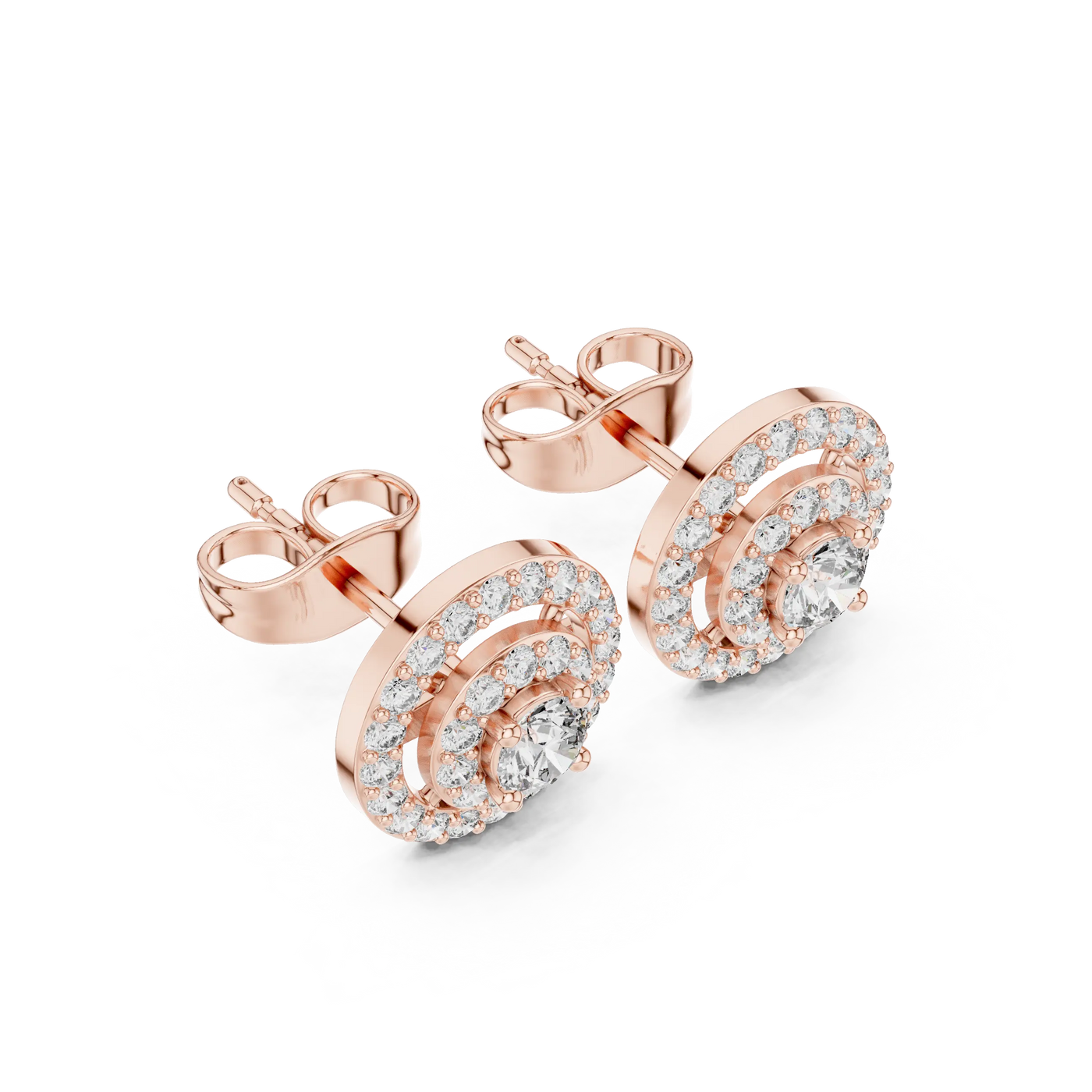 Pair Shot: Round Diamond Earrings with Halo Setting in 14k Rose Gold - Lab Grown - Driona Jewels