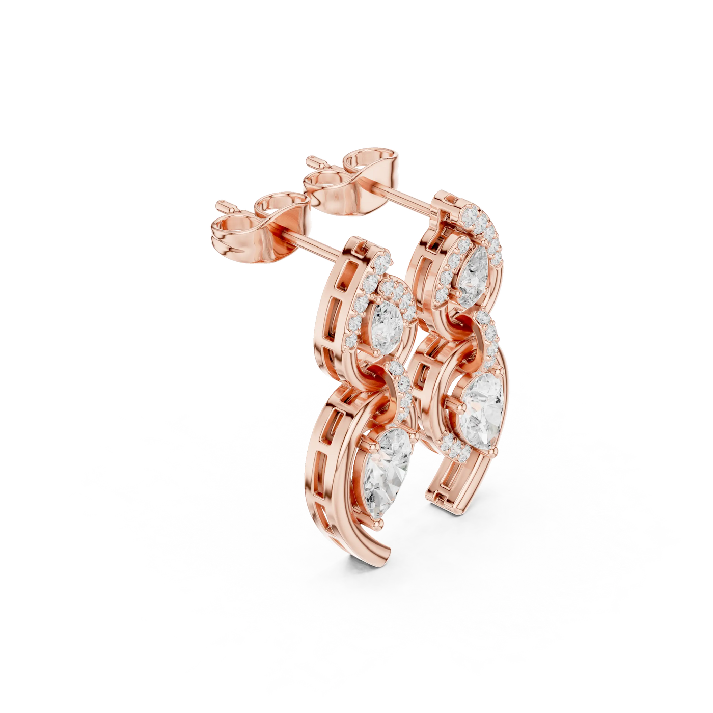 Pair-Shot: Round Diamond Earrings with Halo Setting in 14k Rose Gold - Lab Grown - Driona Jewels