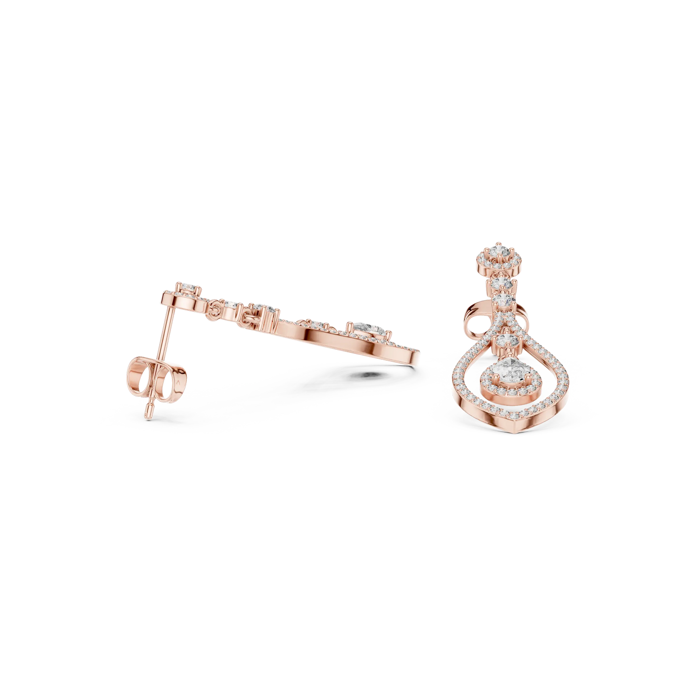 Three-quarter View: Round Diamond Earrings with Halo Setting in 14k Rose Gold - Lab Grown - Driona Jewels