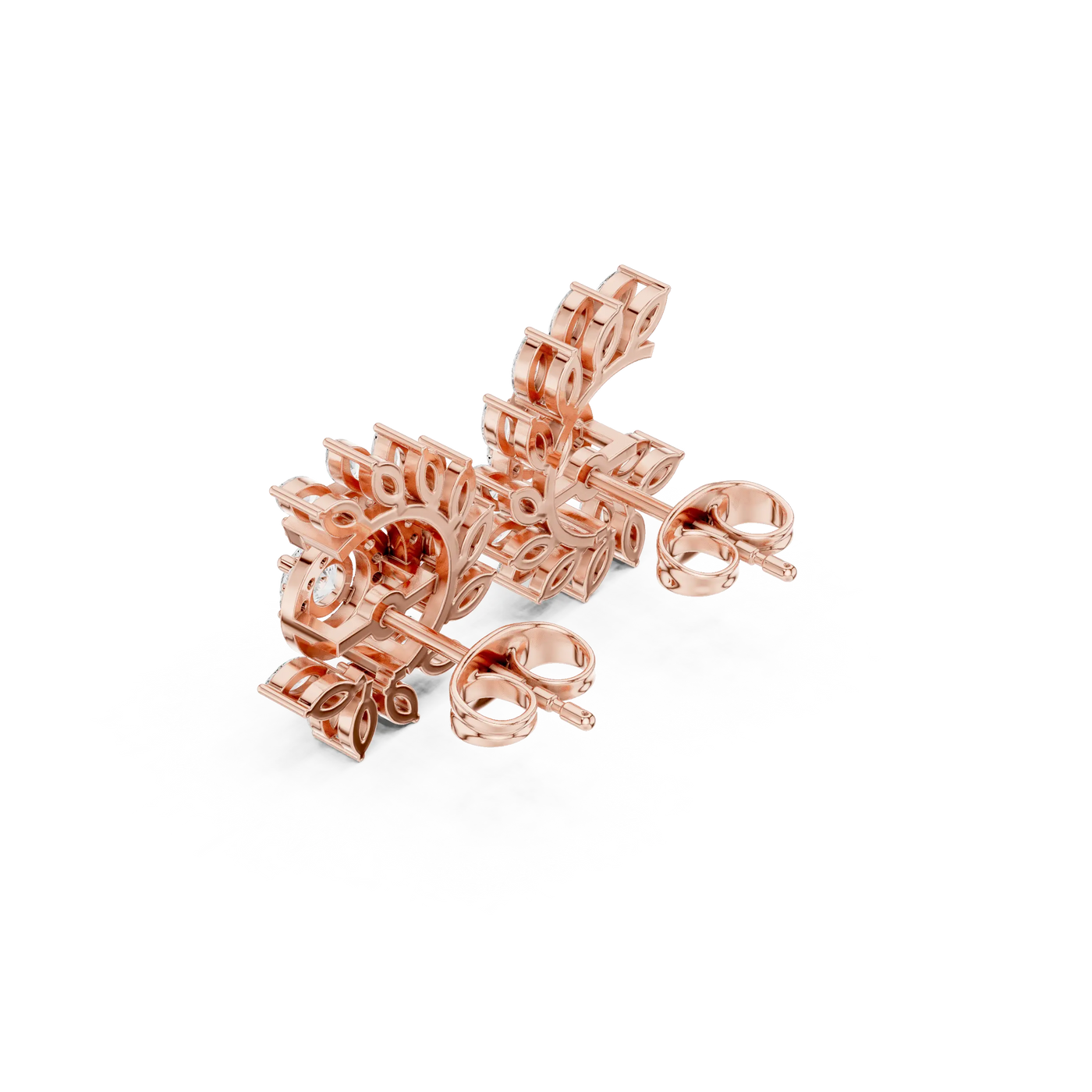 Three-quarter View: Round Diamond Earrings with Halo Setting in 14k Rose Gold - Lab Grown - Driona Jewels