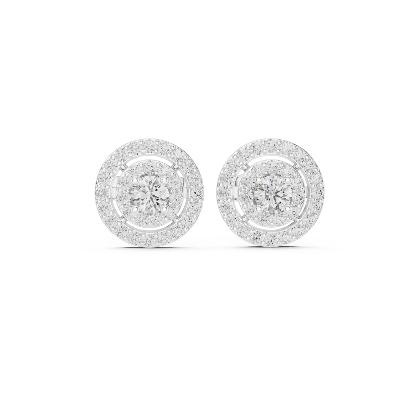 Pair-Shot: Round Diamond Earrings with Halo Setting in 14k White Gold - Lab Grown - Driona Jewels