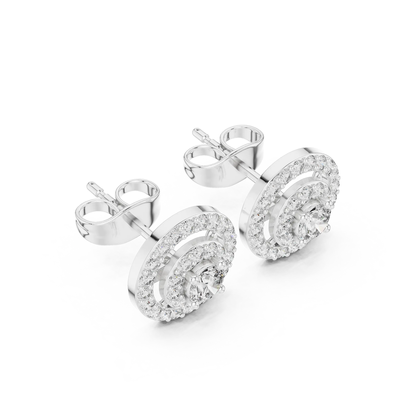 Pair-shot: Round Diamond Earrings with Halo Setting in 14k White Gold - Lab Grown - Driona Jewels