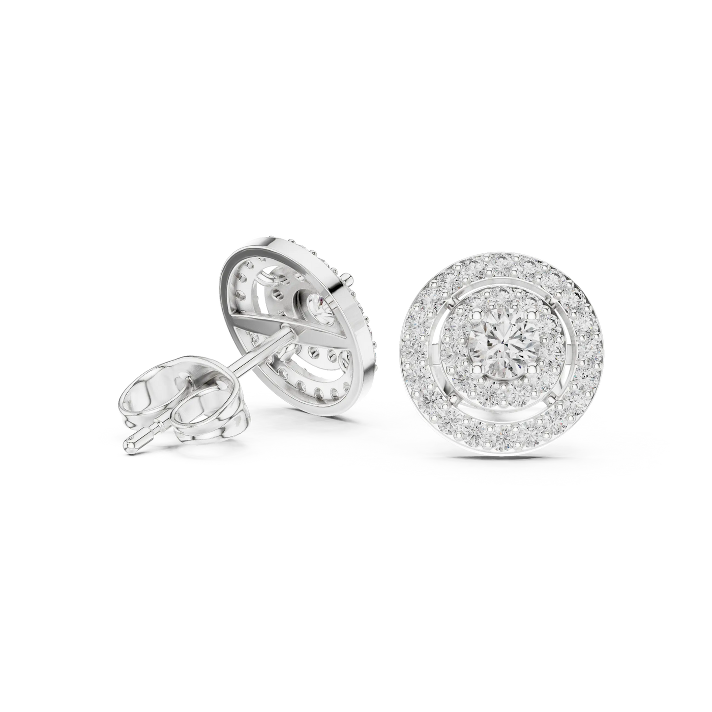 Pair Shot: Round Diamond Earrings with Halo Setting in 14k White Gold - Lab Grown - Driona Jewels