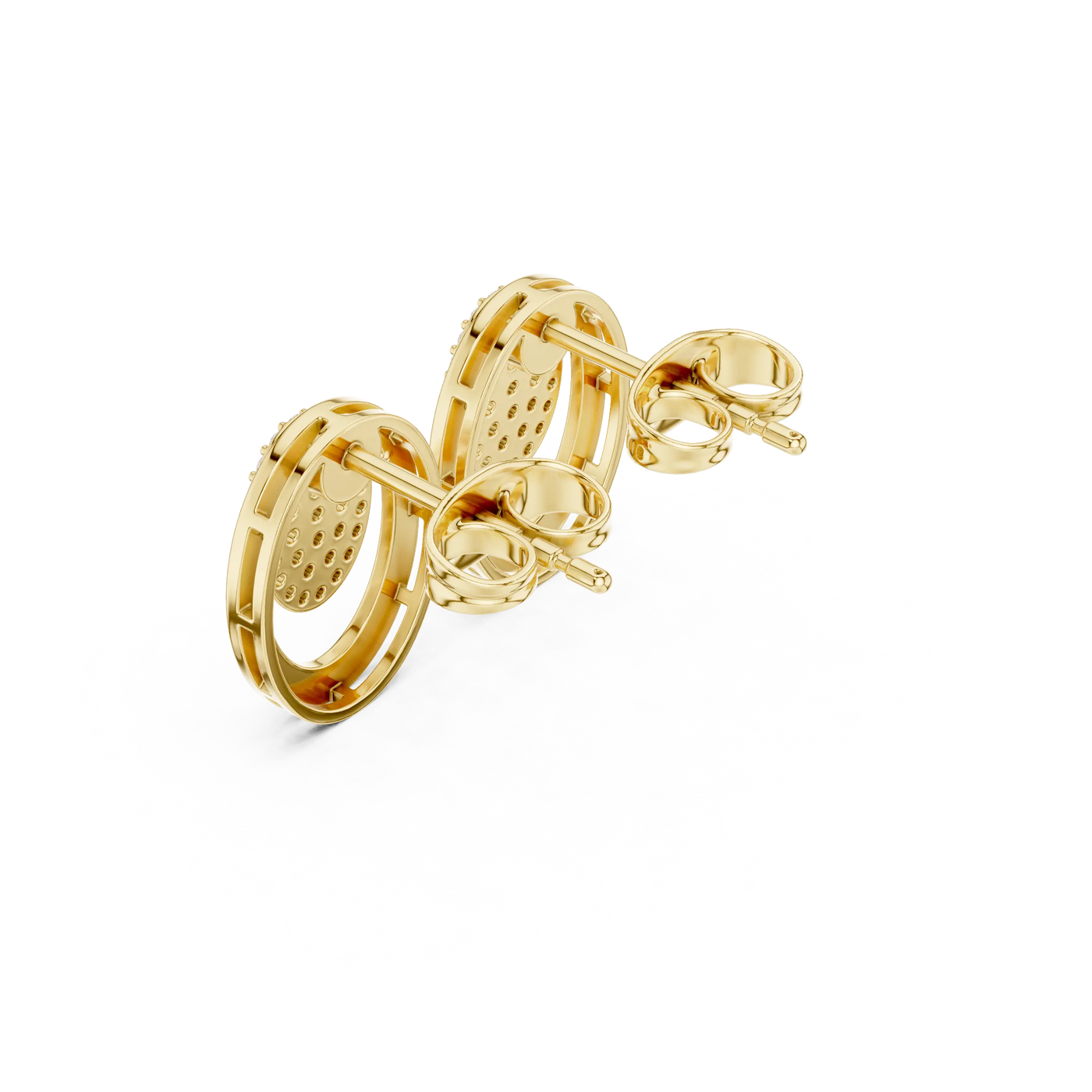Back-View: Round Diamond Earrings with Halo Setting in 14k Yellow Gold - Lab Grown - Driona Jewels