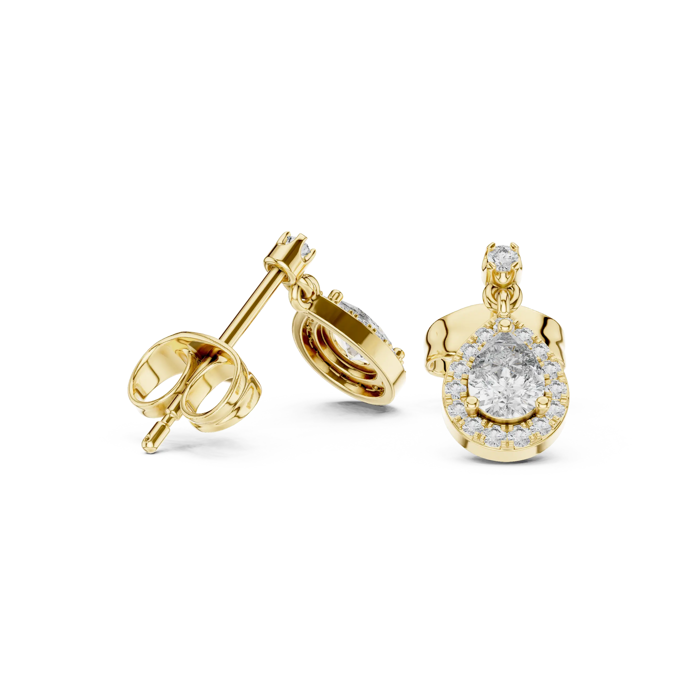 Pair Shot: Round Diamond Earrings with Halo Setting in 14k Yellow Gold - Lab Grown - Driona Jewels