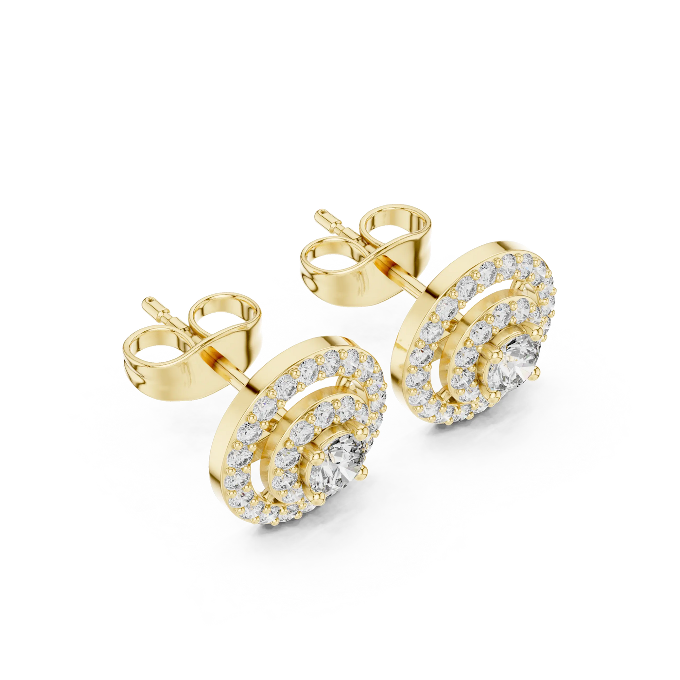Pair-Shot: Round Diamond Earrings with Halo Setting in 14k Yellow Gold - Lab Grown - Driona Jewels
